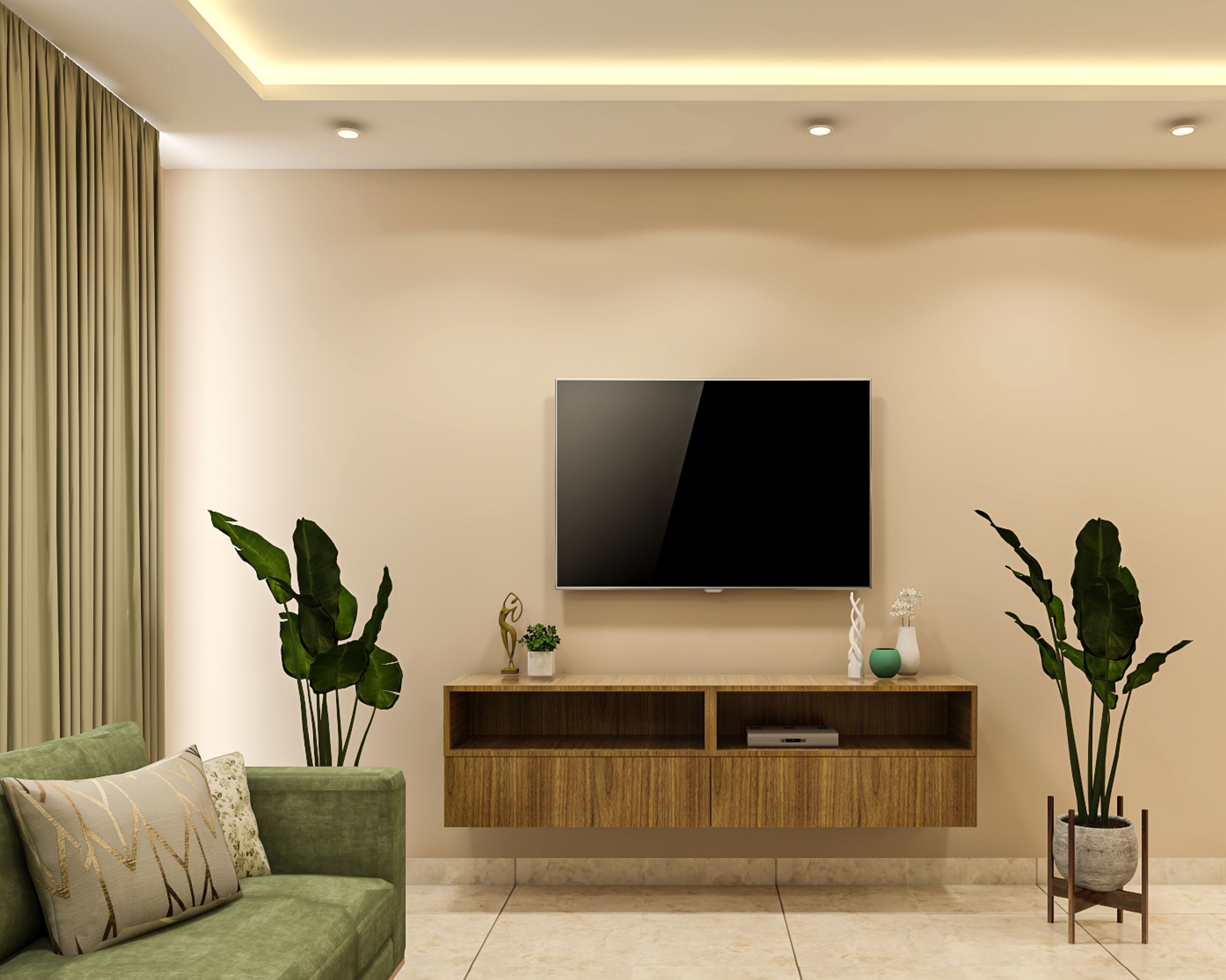 Earthy TV Unit Design With WallMounted Console Unit Livspace