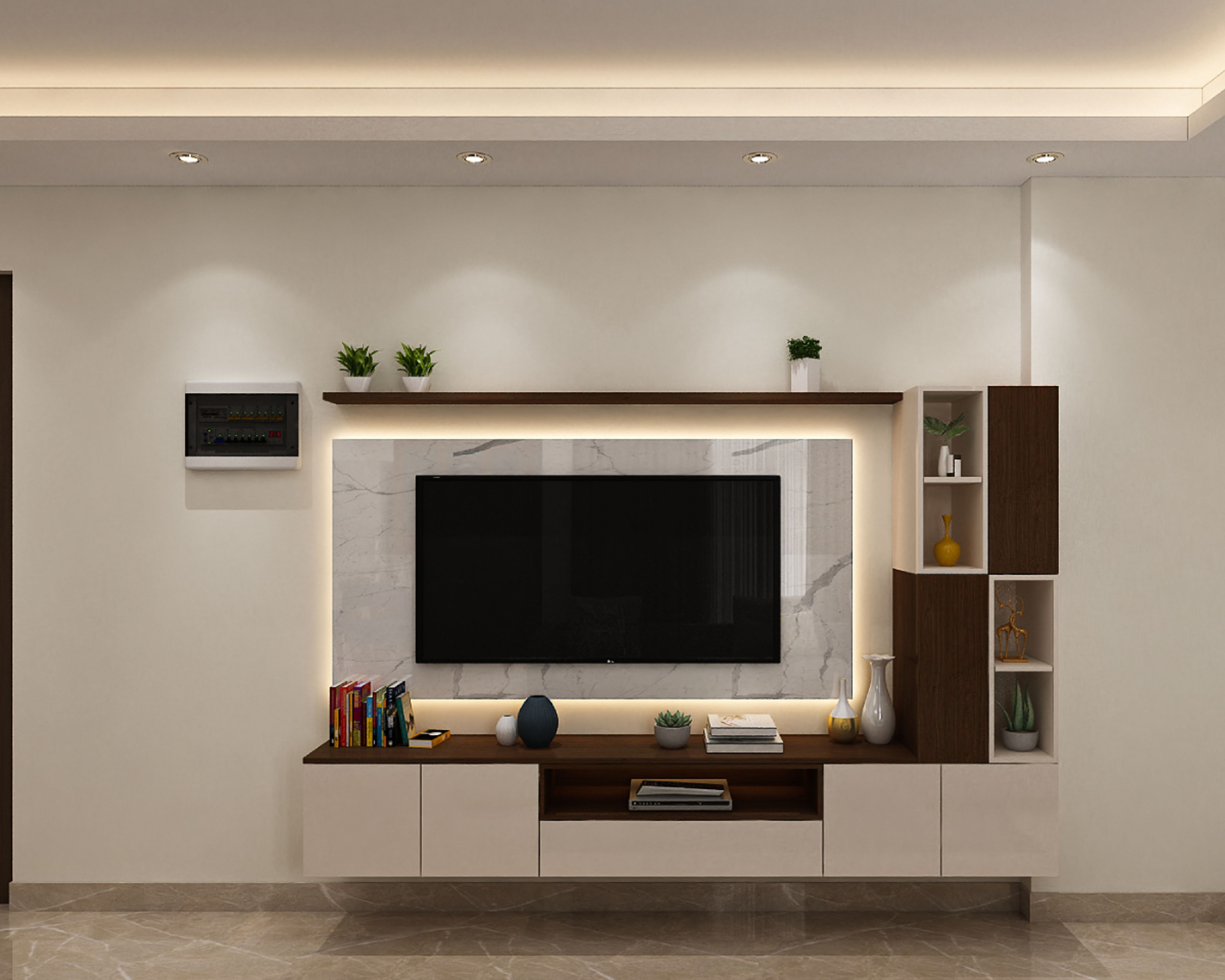 Compact TV Unit Design With White Panel And Wooden Storage | Livspace