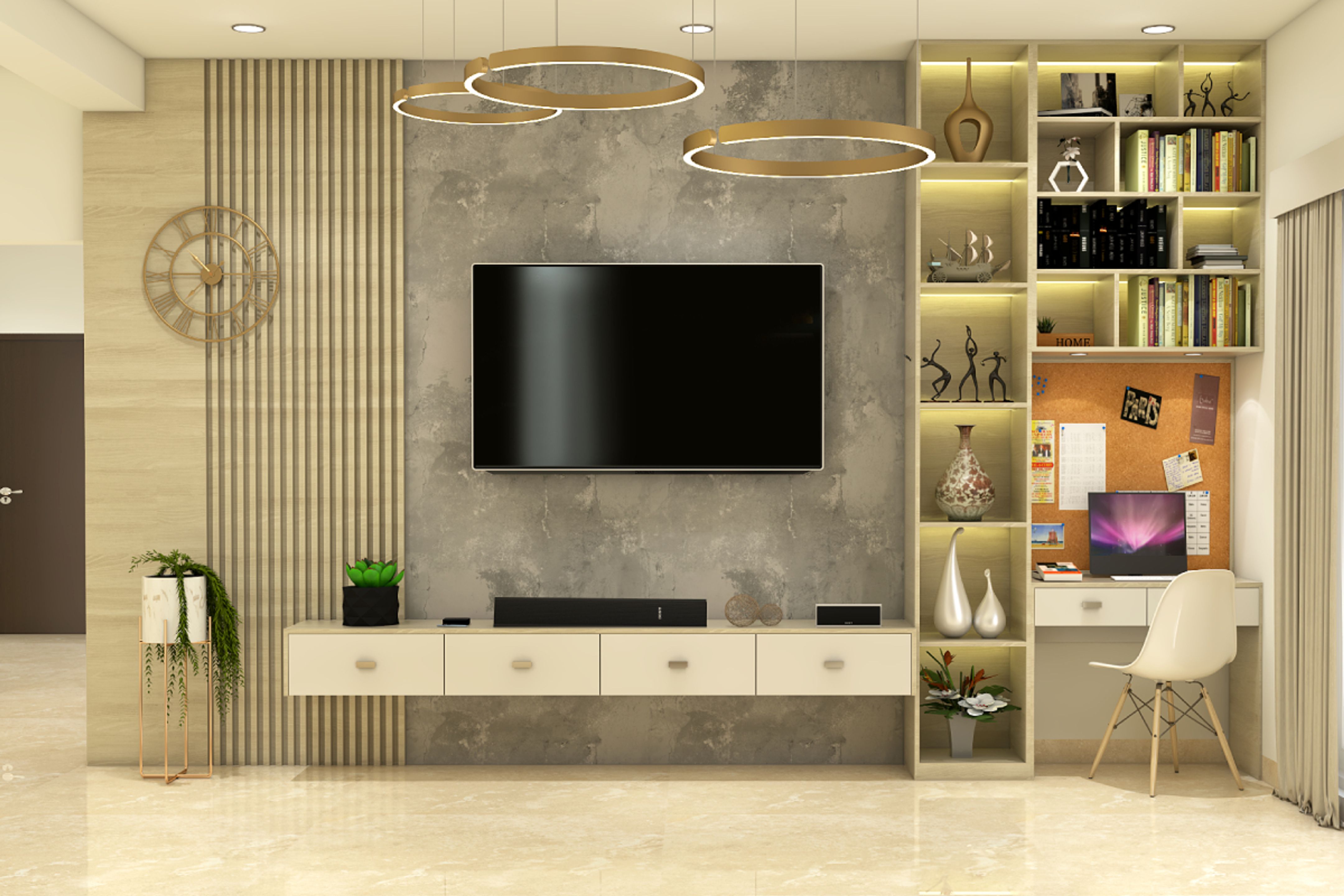 Modern Spacious TV Unit Design With Exposed Concrete Wallpaper Livspace