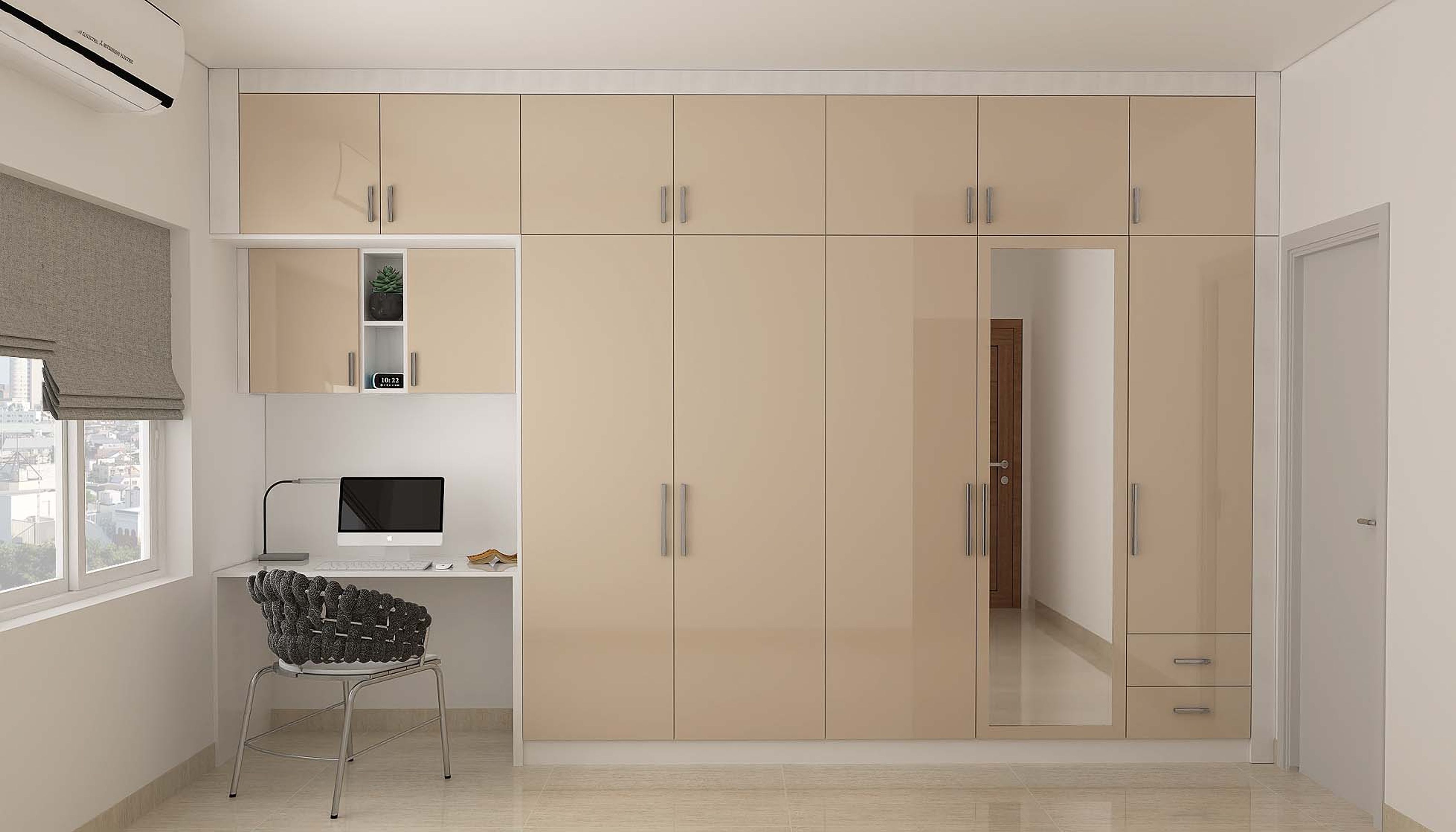 Spacious Beige Toned Wardrobe Design With Mirror | Livspace