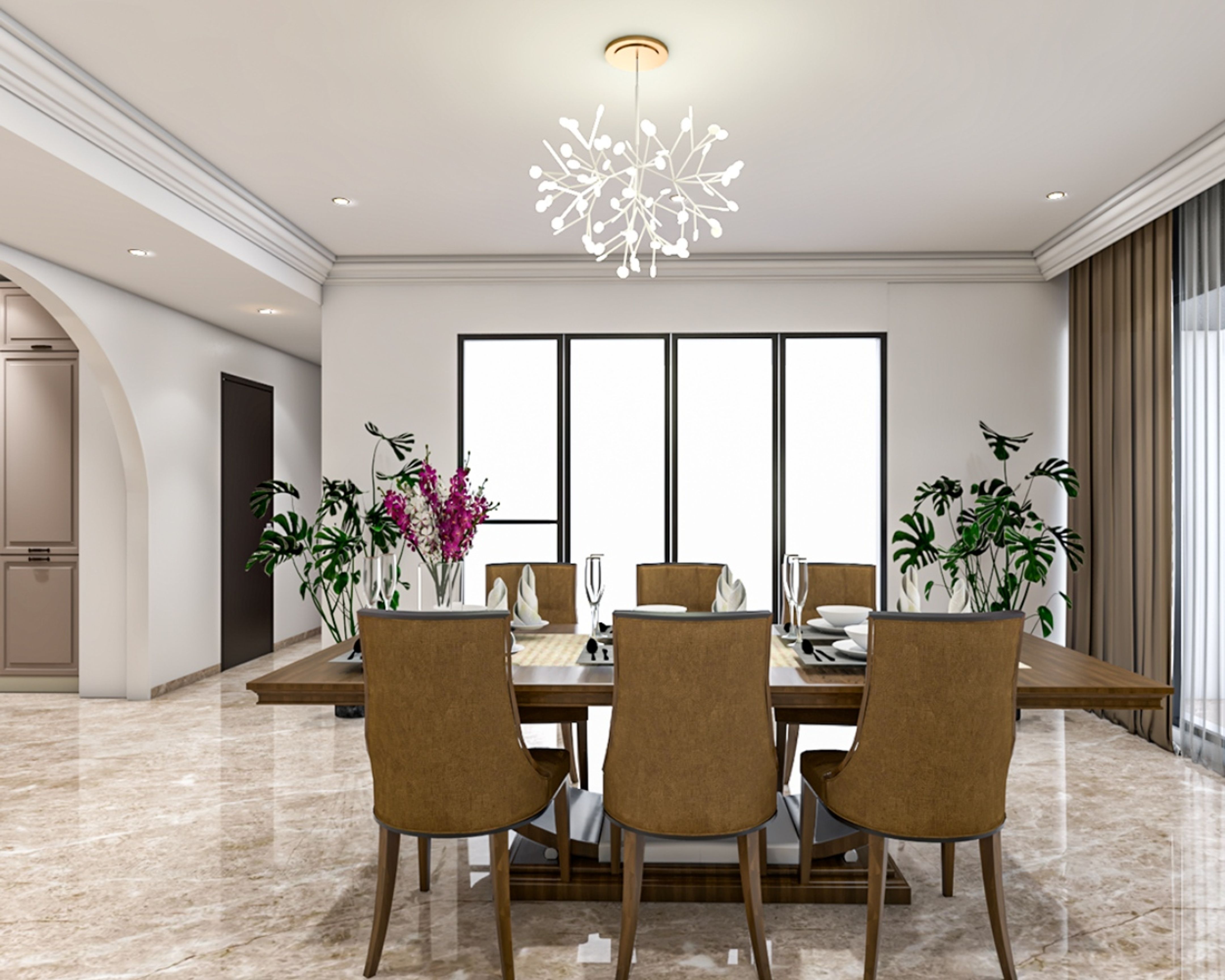 6-Seater Wood And Beige Dining Room Design - 15x14 Ft | Livspace