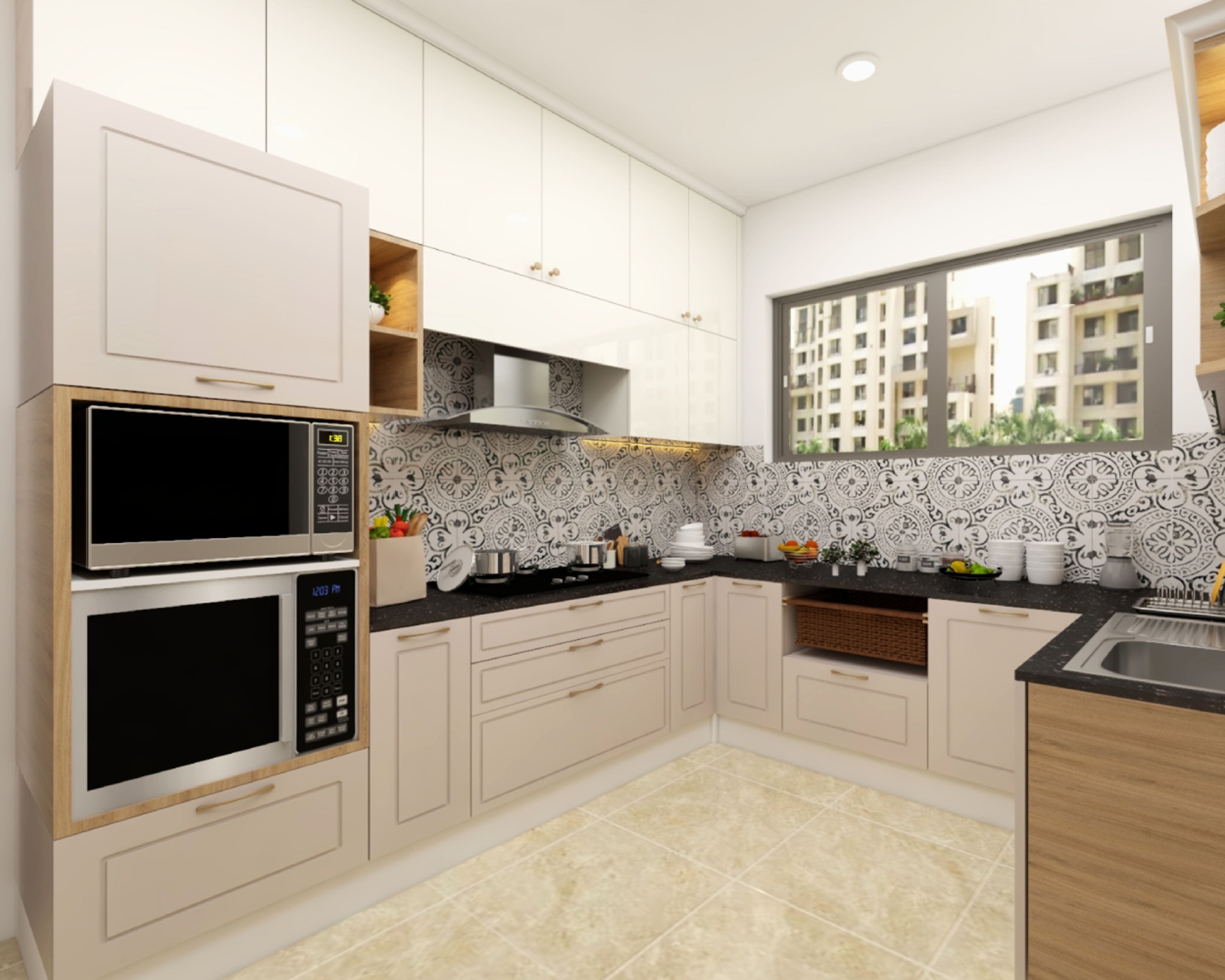 Modular Beige And White U Shaped Kitchen Design | Livspace