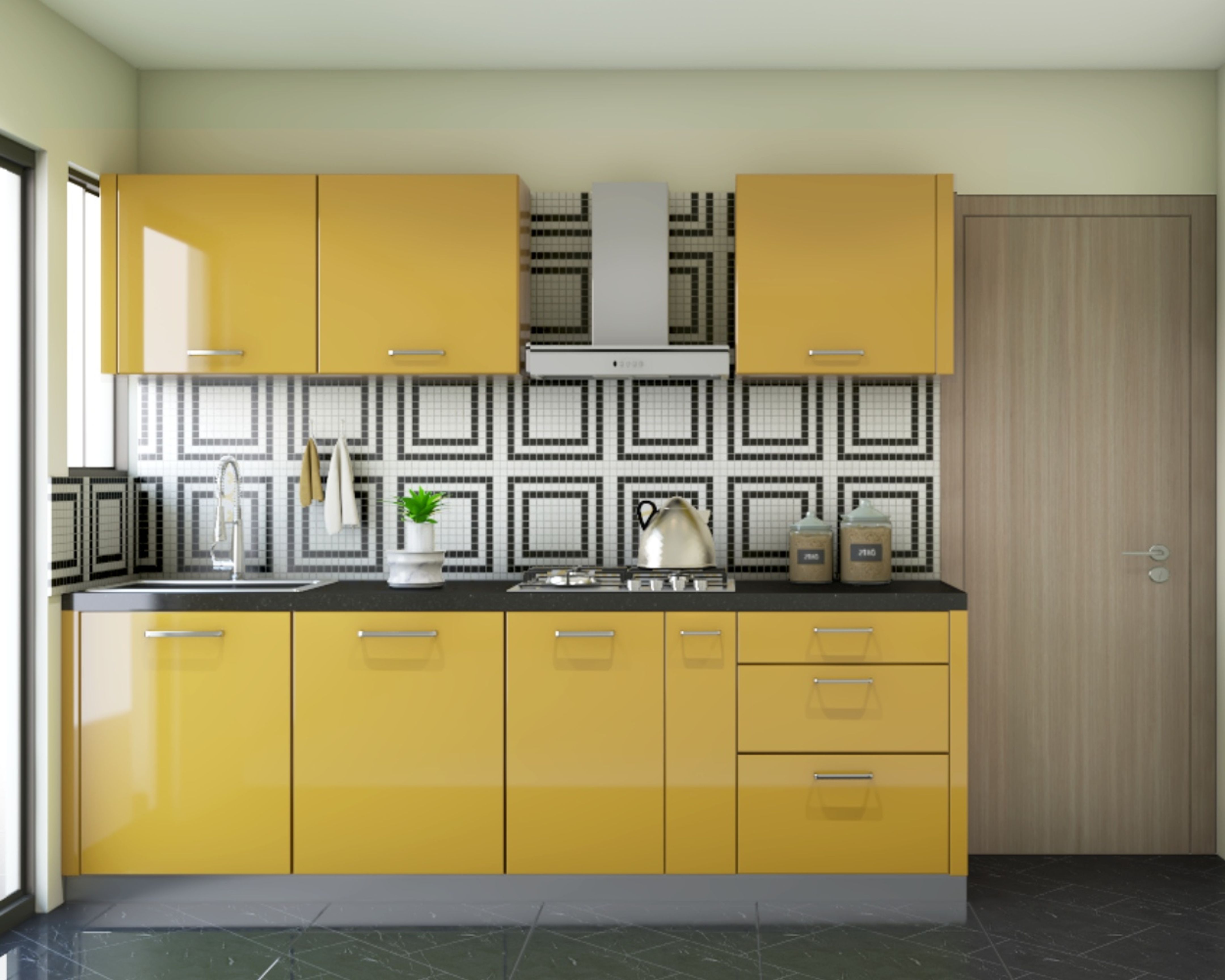 Vibrant Marigold Yellow Contemporary Kitchen Design - 10x9 Ft | Livspace