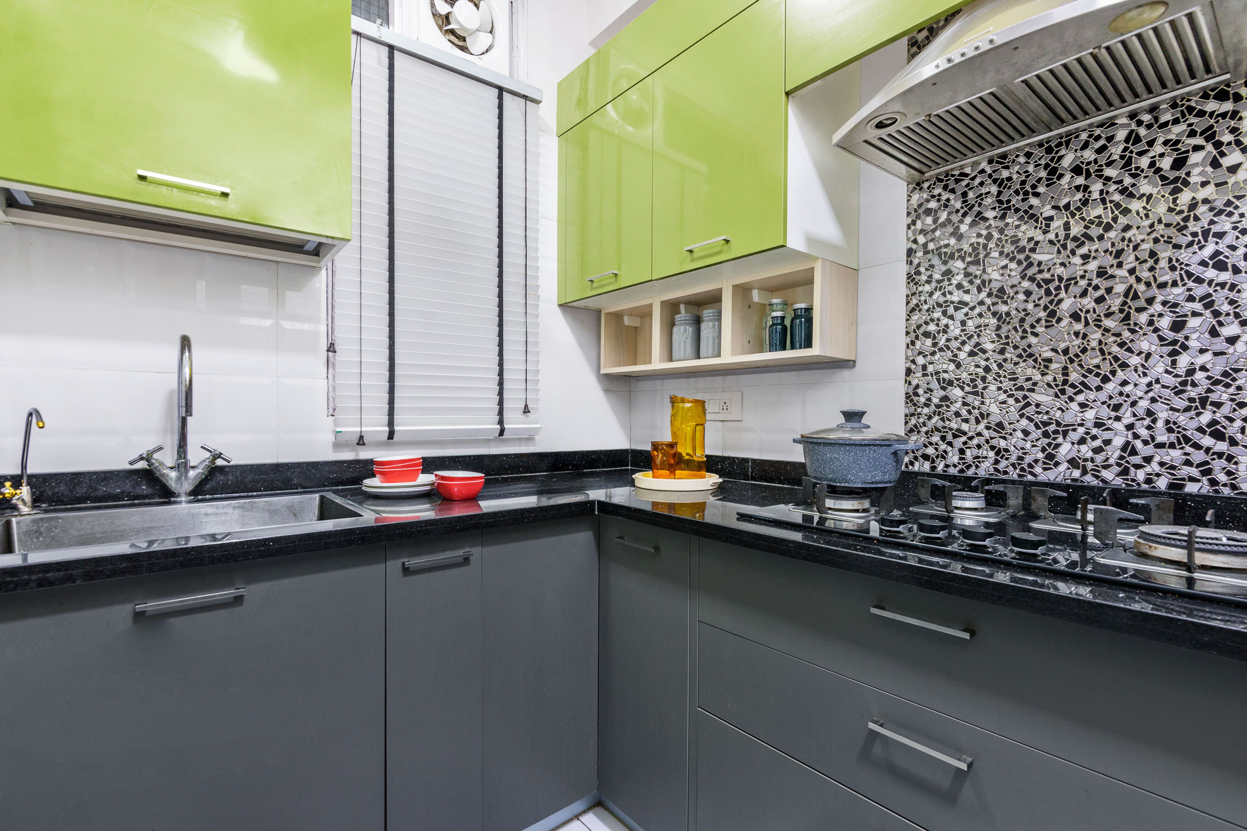 Modern LShape Modular Kitchen Design with Dark Grey Base and Tall Units 9x6 Ft Livspace