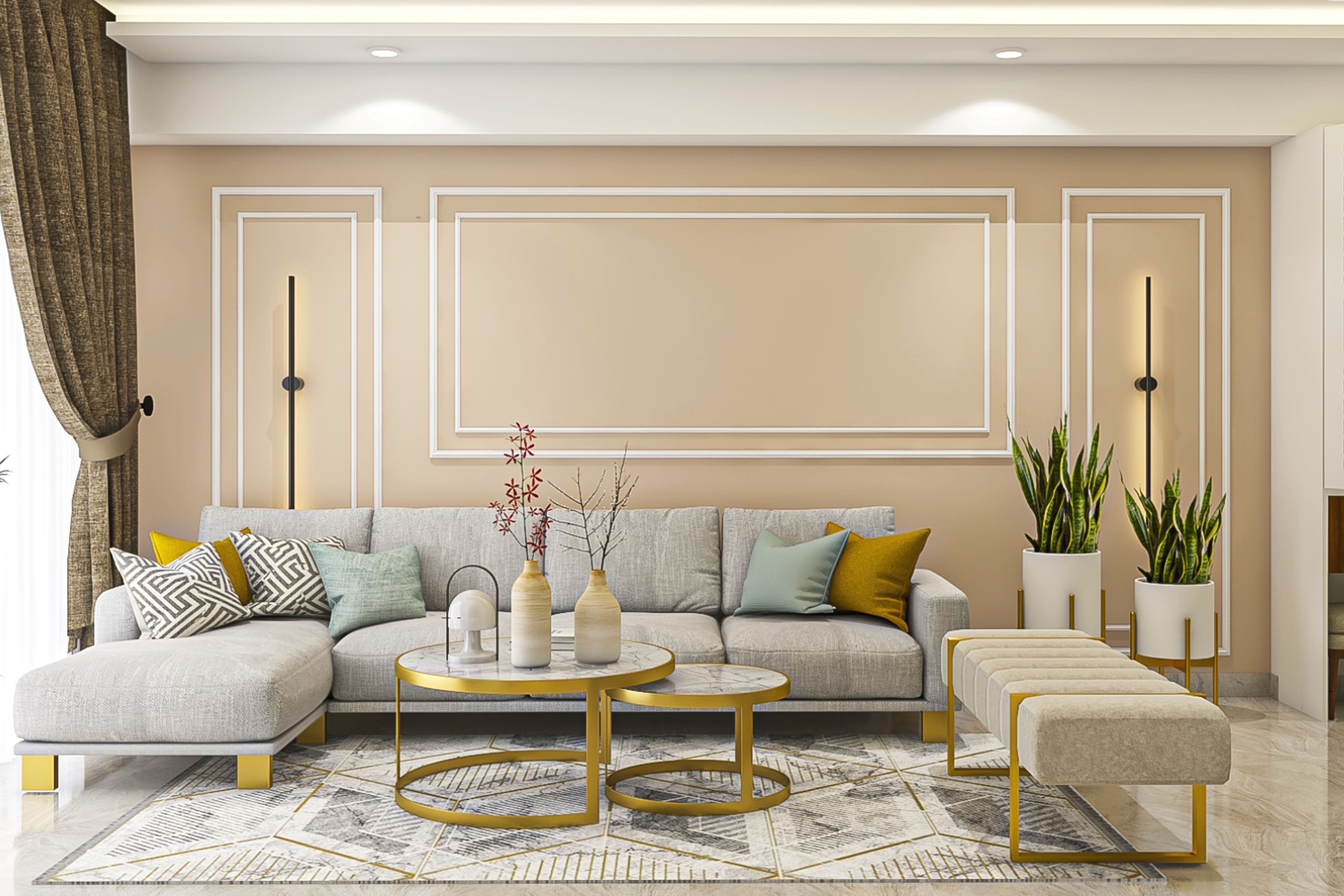 Peach Living Room Design With L-Shaped 4-Seater Grey Sofa - 15x14 Ft ...