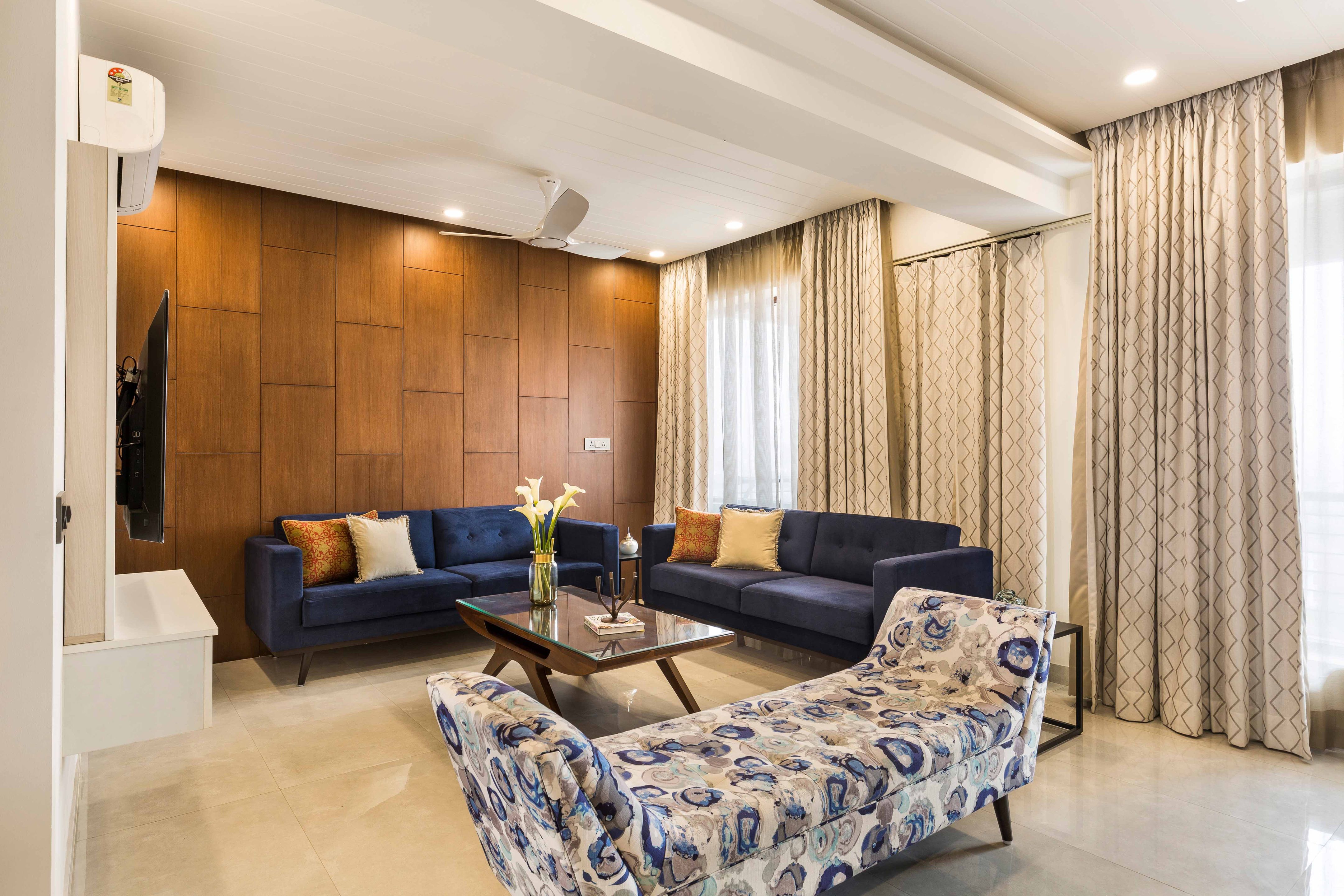 Living Room Design With U-Shaped Navy Blue And White Sofa Set - 12x9 Ft ...
