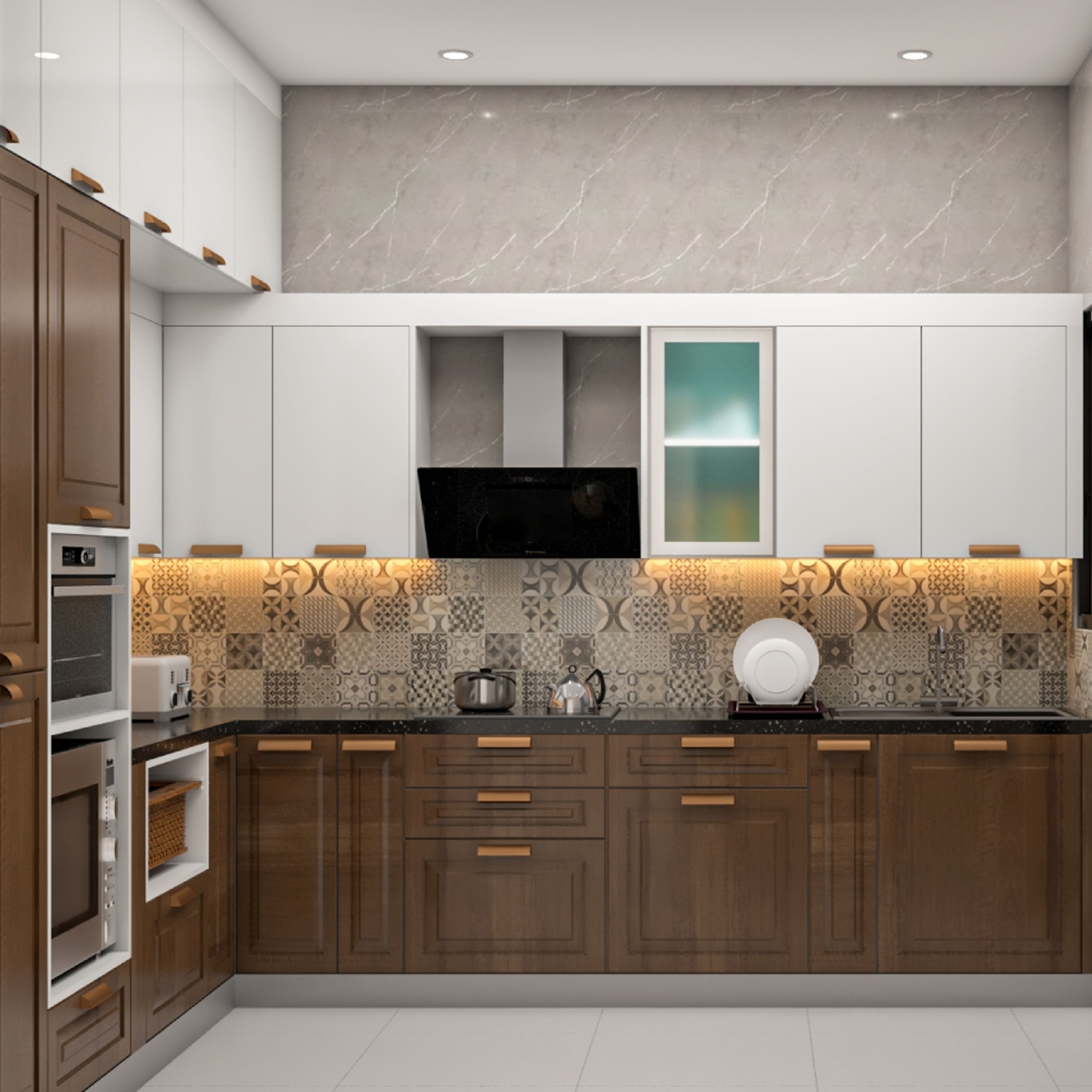 Matte Finish Brown And Cream L Shape Kitchen Tile Design - 150x150 mm ...