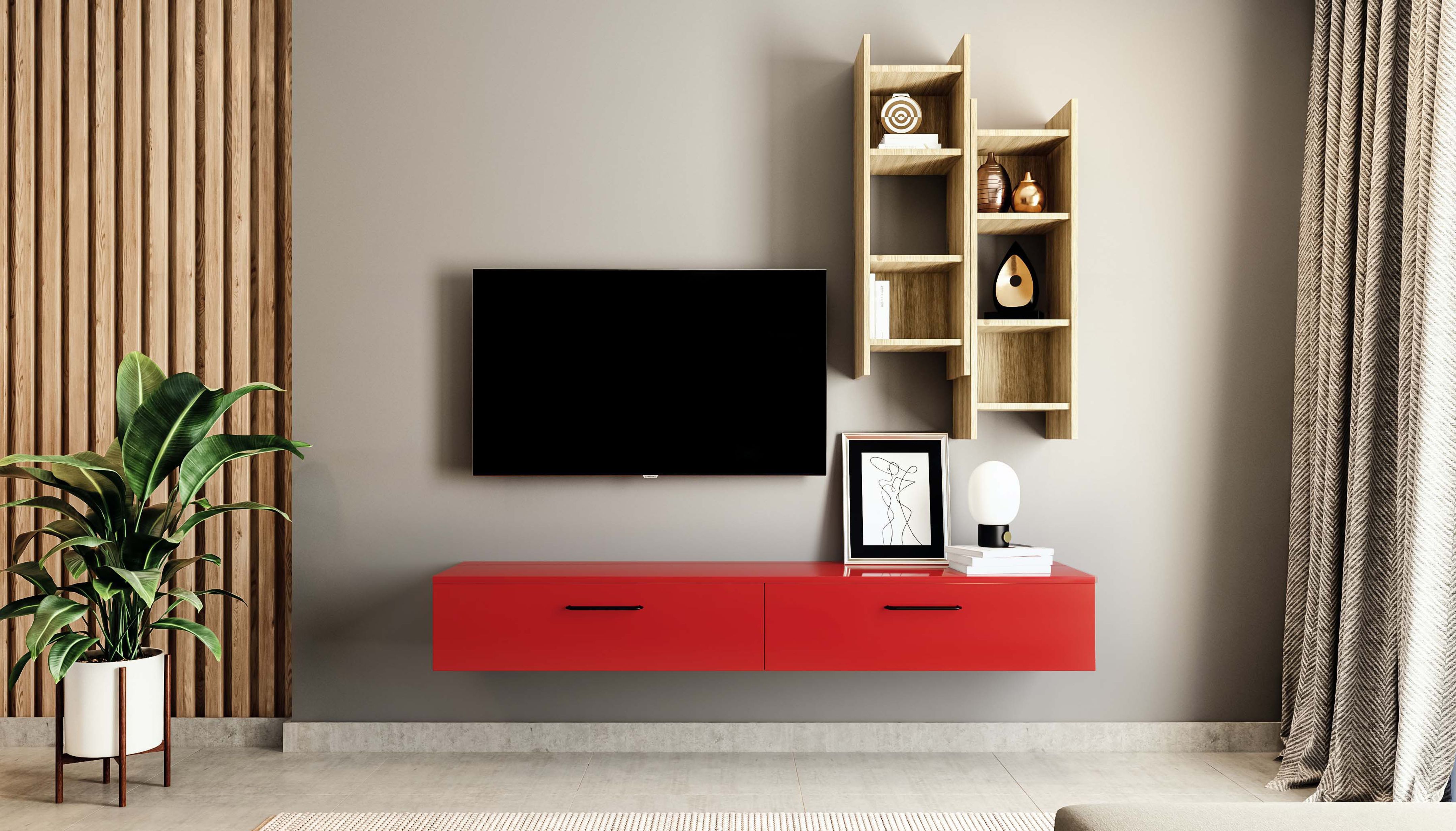 WallMounted Modern Red TV Unit Design with Ladder Display and Textured
