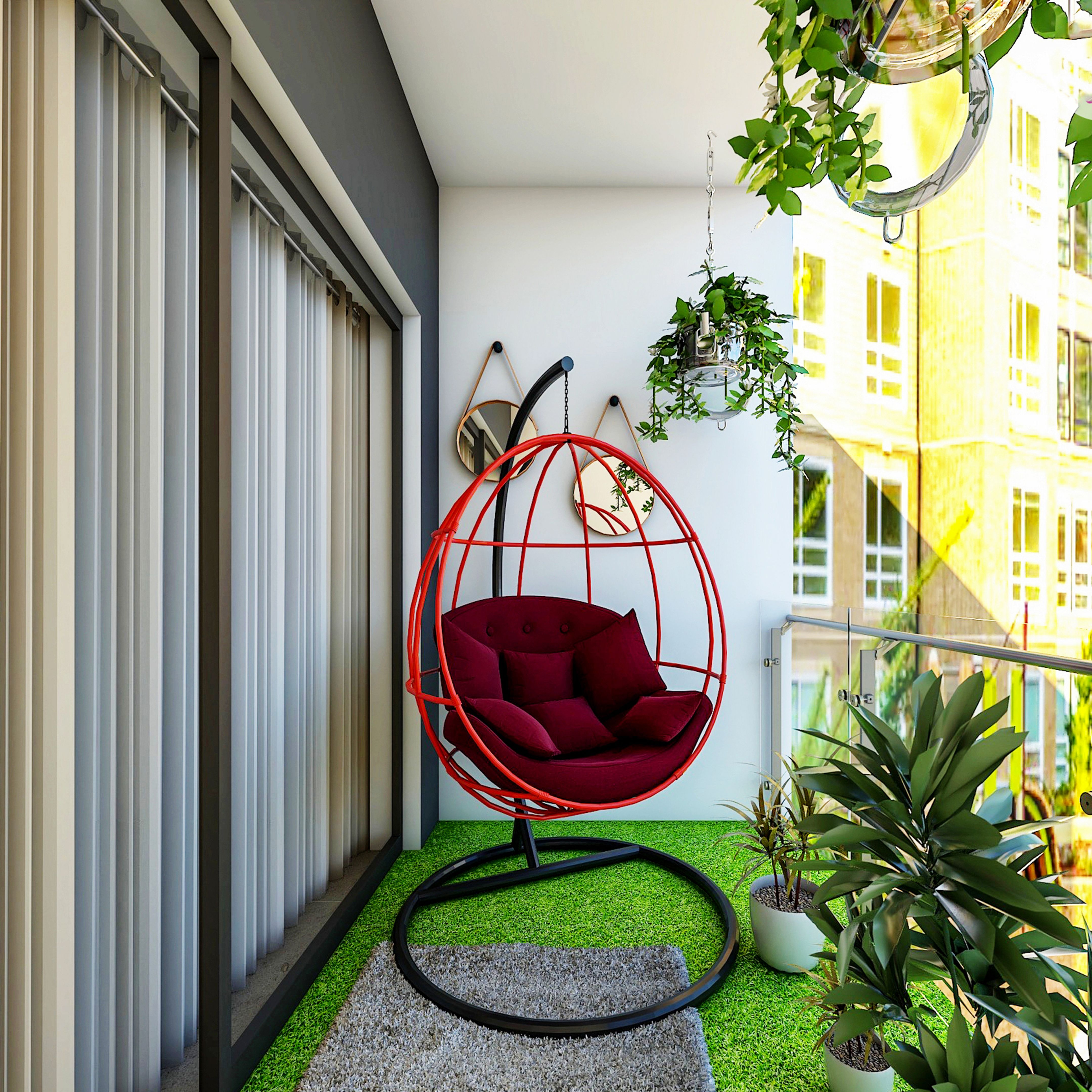 Compact Balcony Design with Red Swing Chair with Planters | Livspace