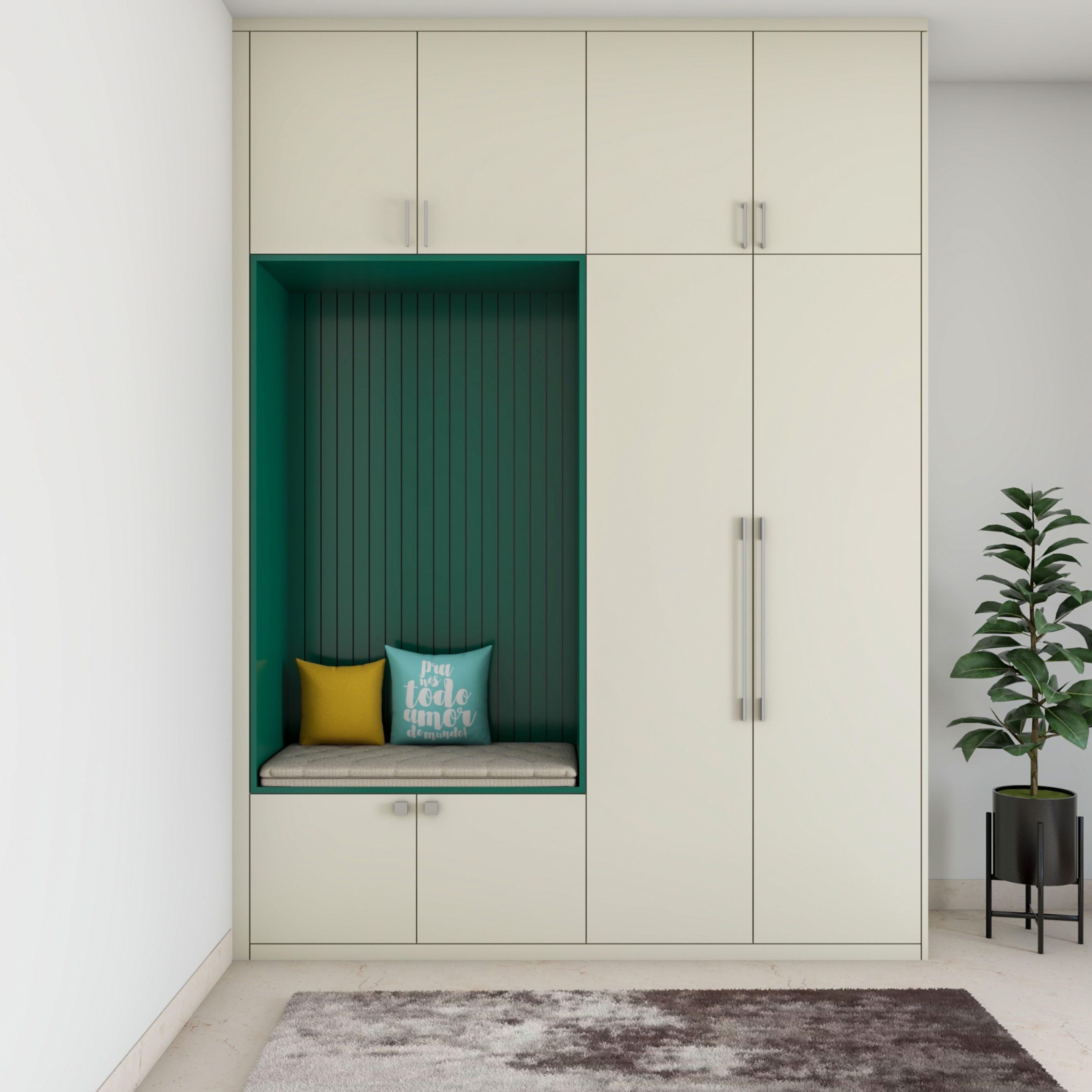 Green Hinged Minimal Wardrobe Design Idea with Seat | Livspace