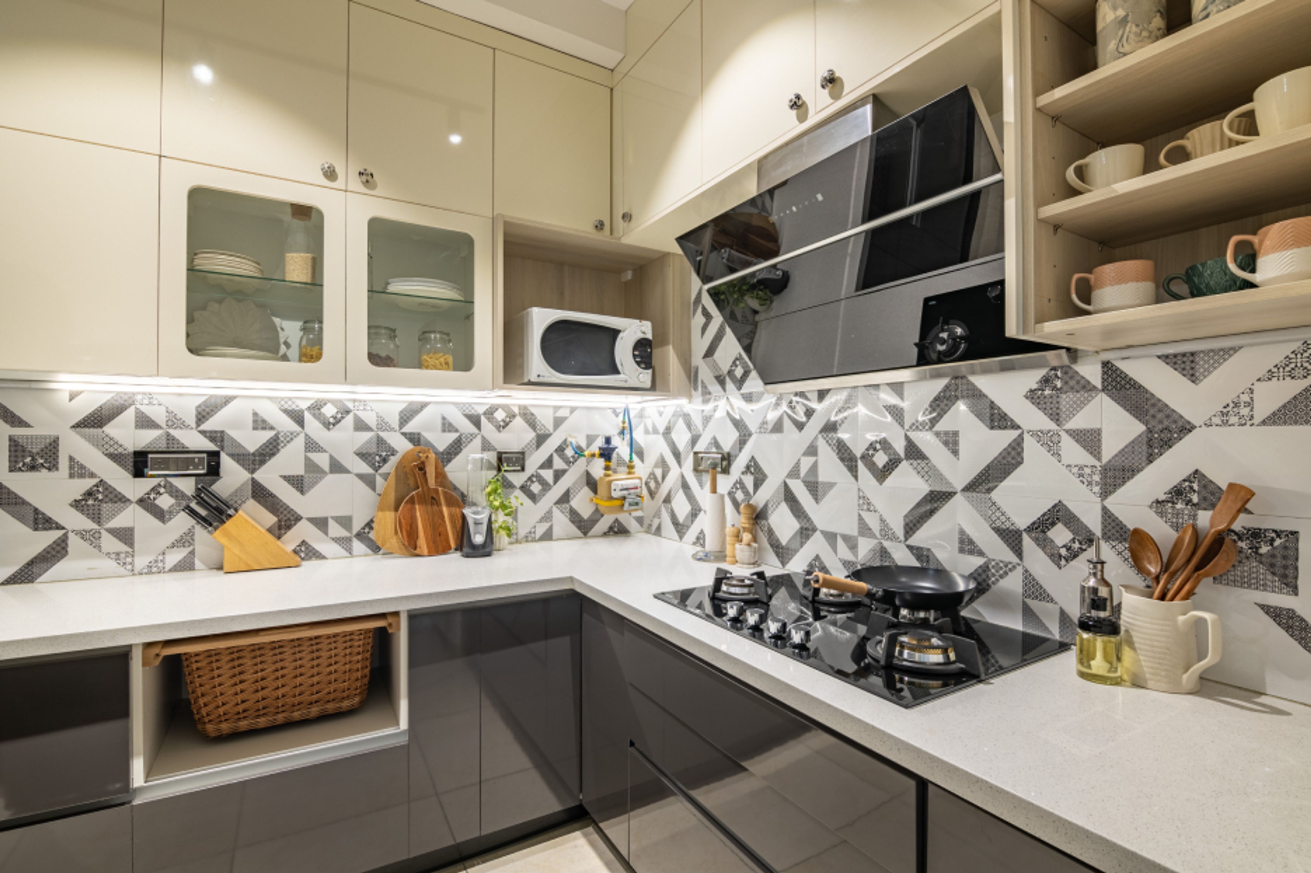 Modular Kitchen Design With Wicker Baskets And Loft Storage | Livspace