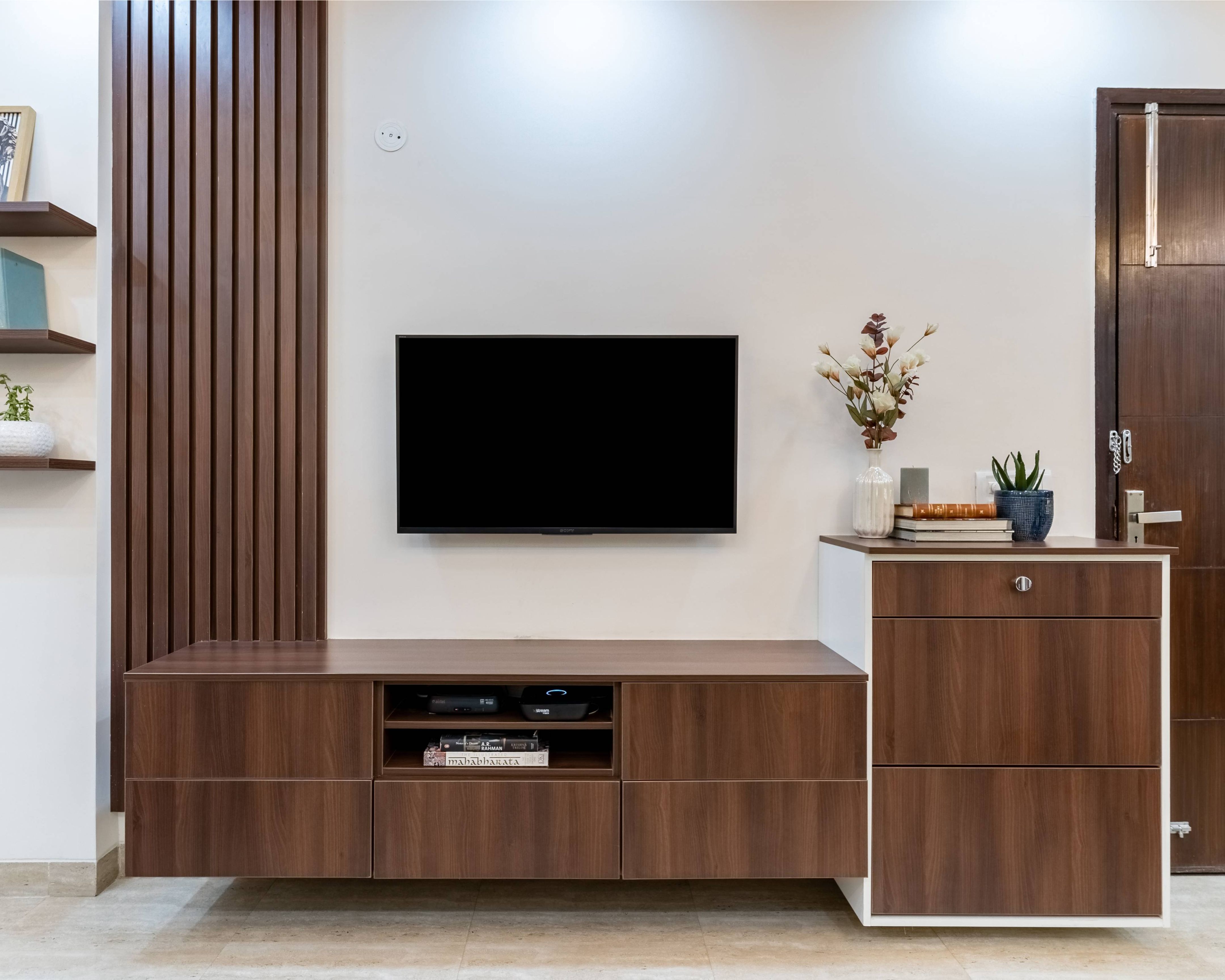 Tv Cabinet With Wooden Planks For The Back Wall Livspace