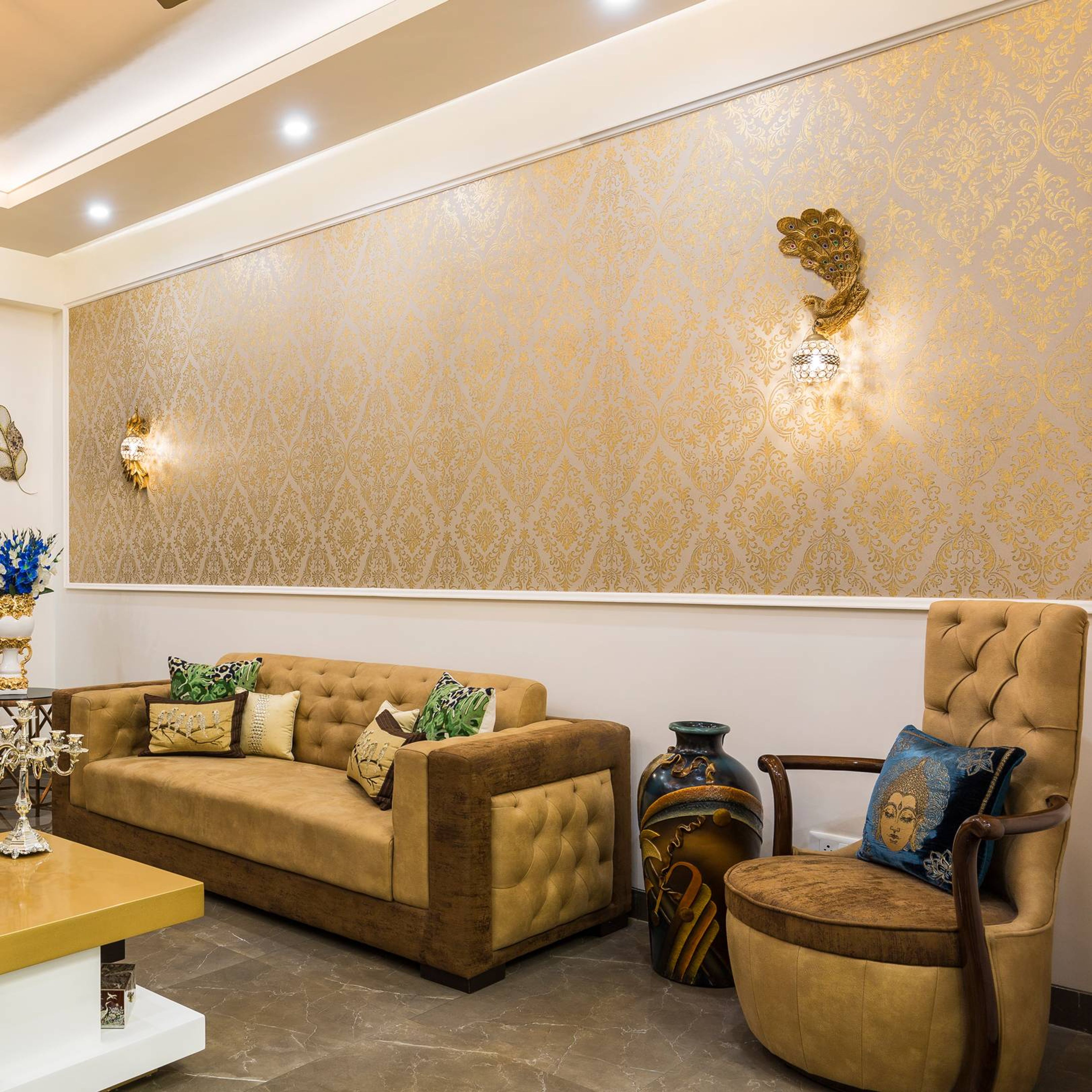 Biege And Brown Damask Wallpaper Design | Livspace