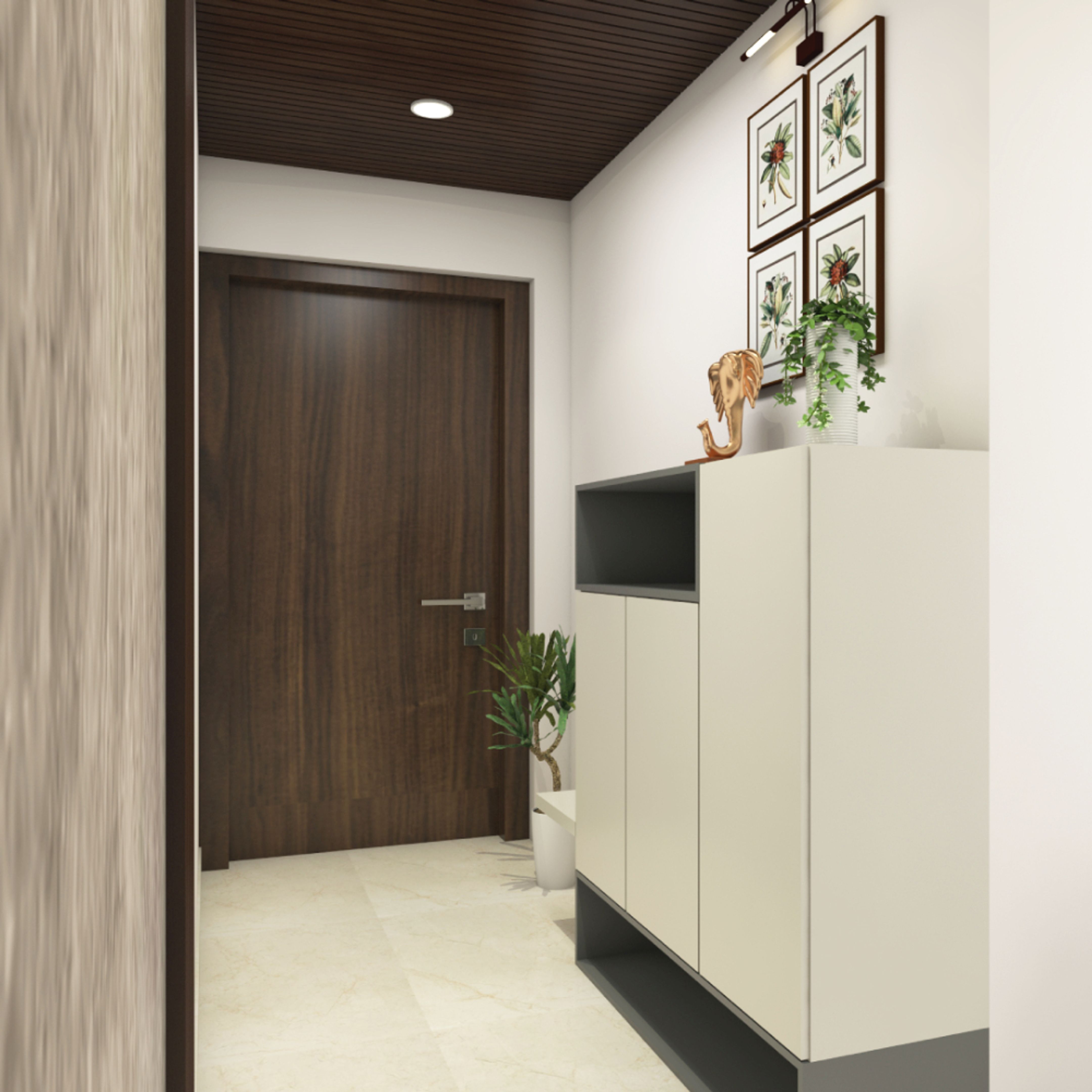 Spacious White And Grey Foyer Design With Tall Open And Closed Storage ...