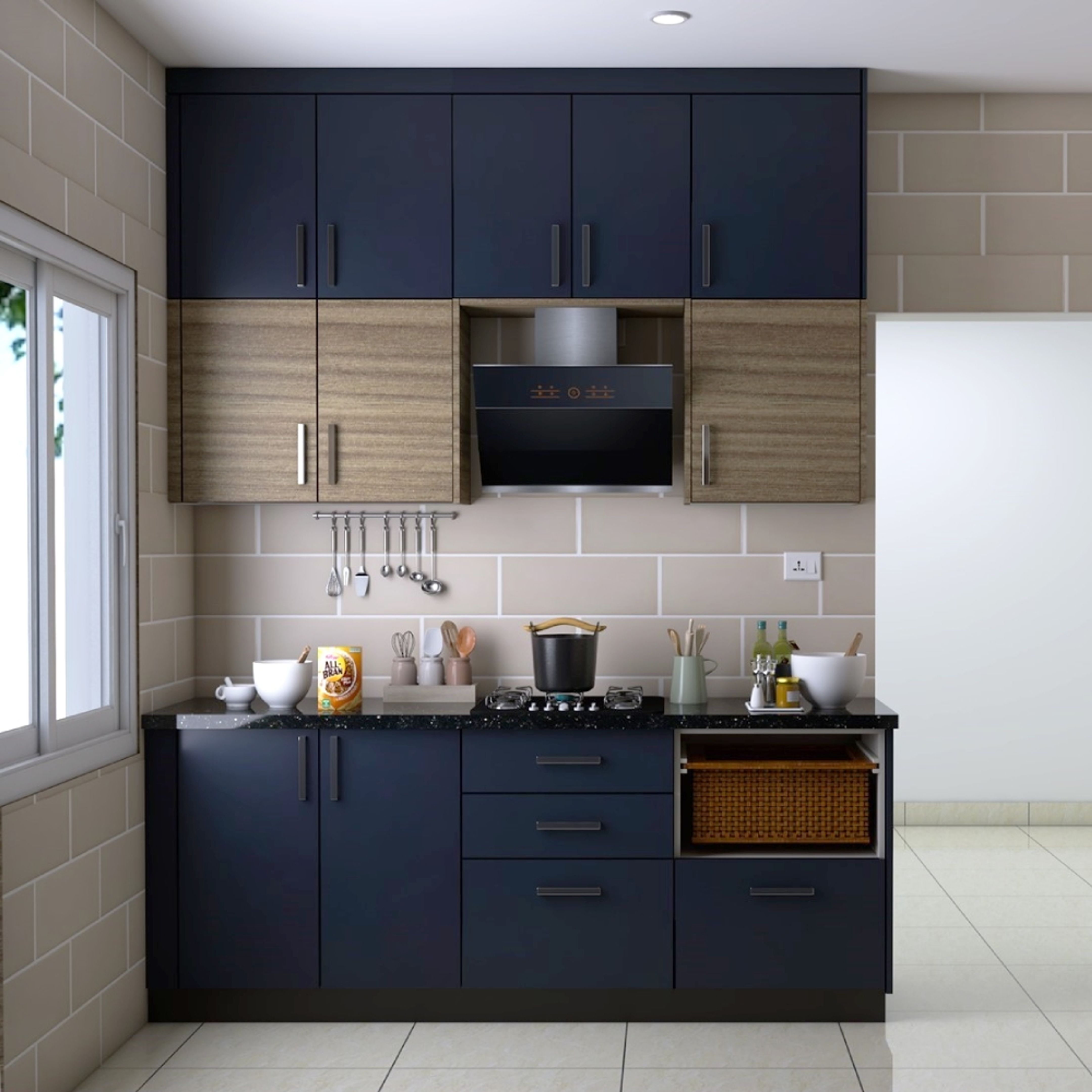 Blue And Wood Modular Parallel Kitchen Design With Black Countertop And ...