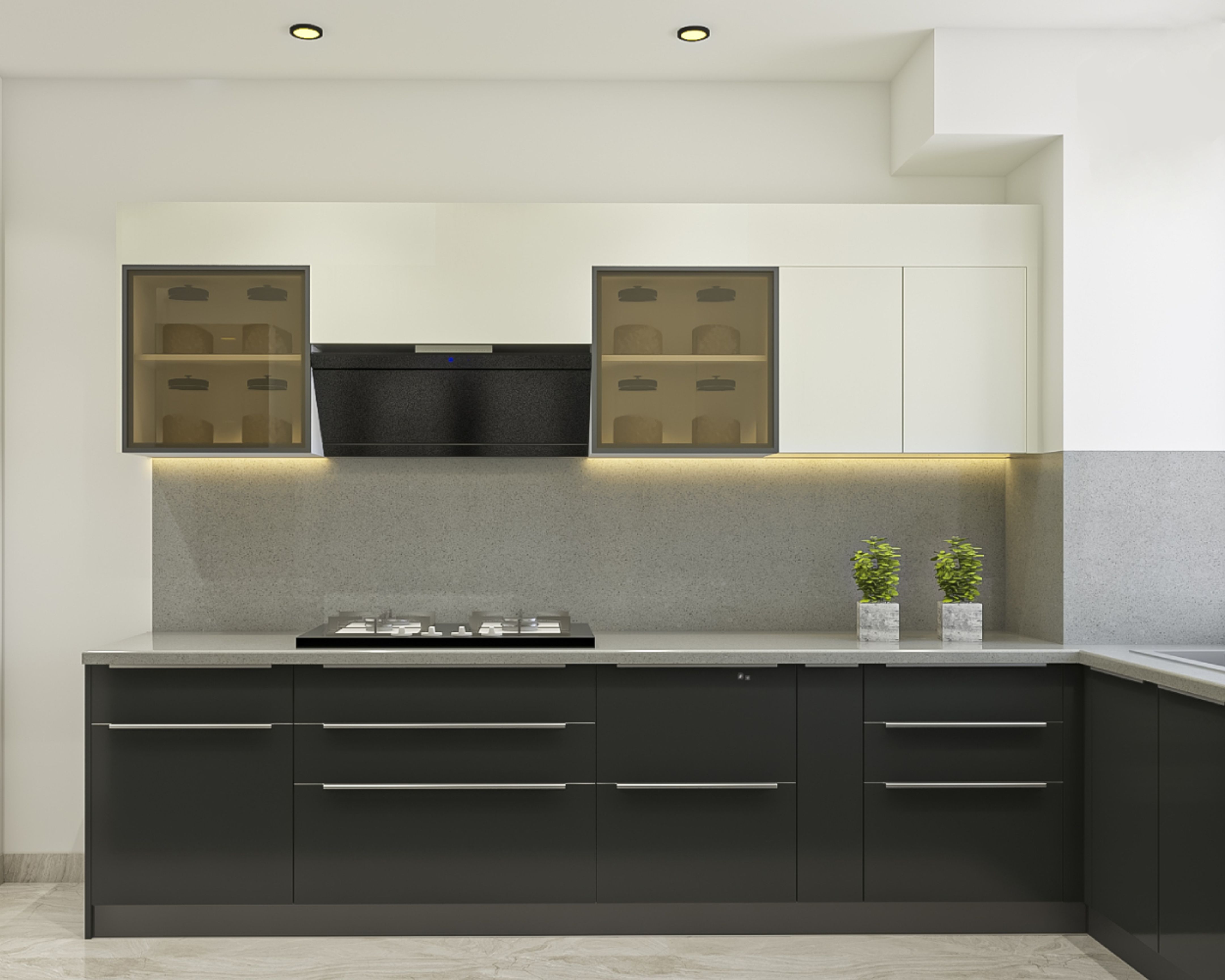 Grey And White U-Shaped Kitchen Design With Light Grey Quartz ...