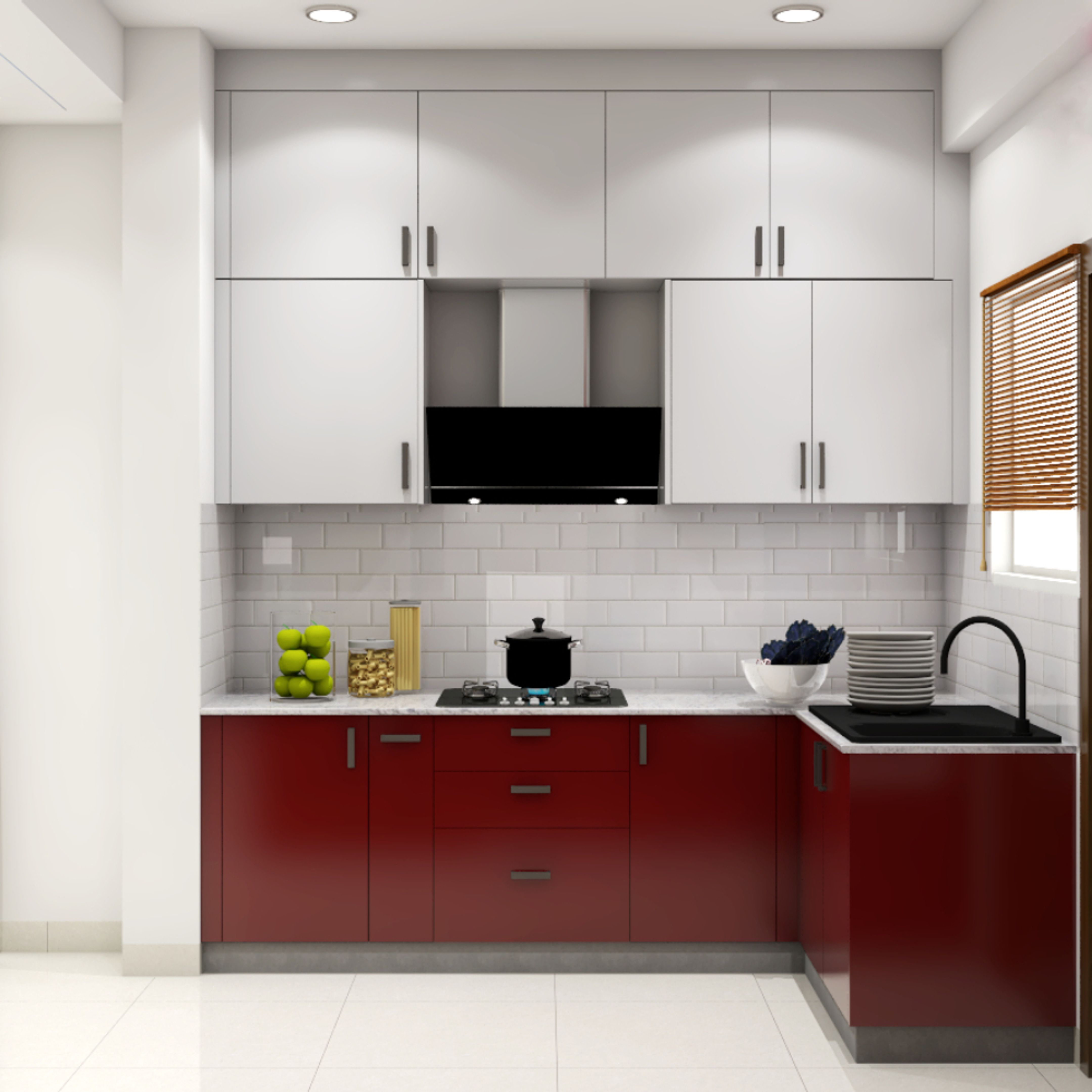 Dark Red And Grey Modular L Shape Kitchen Design With White Subway Dado