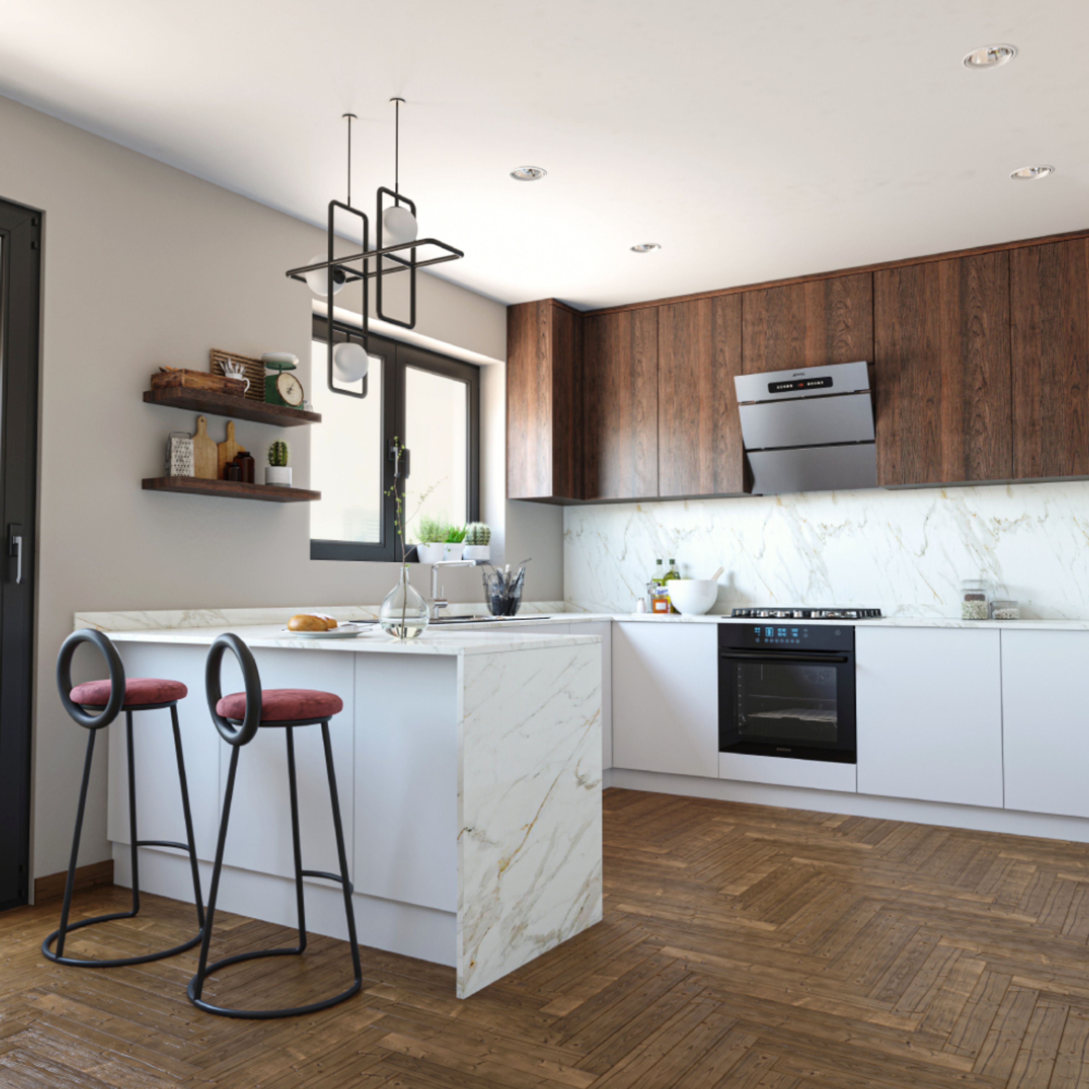 White And Dark Wood Open Kitchen Design With Herringbone Wooden ...