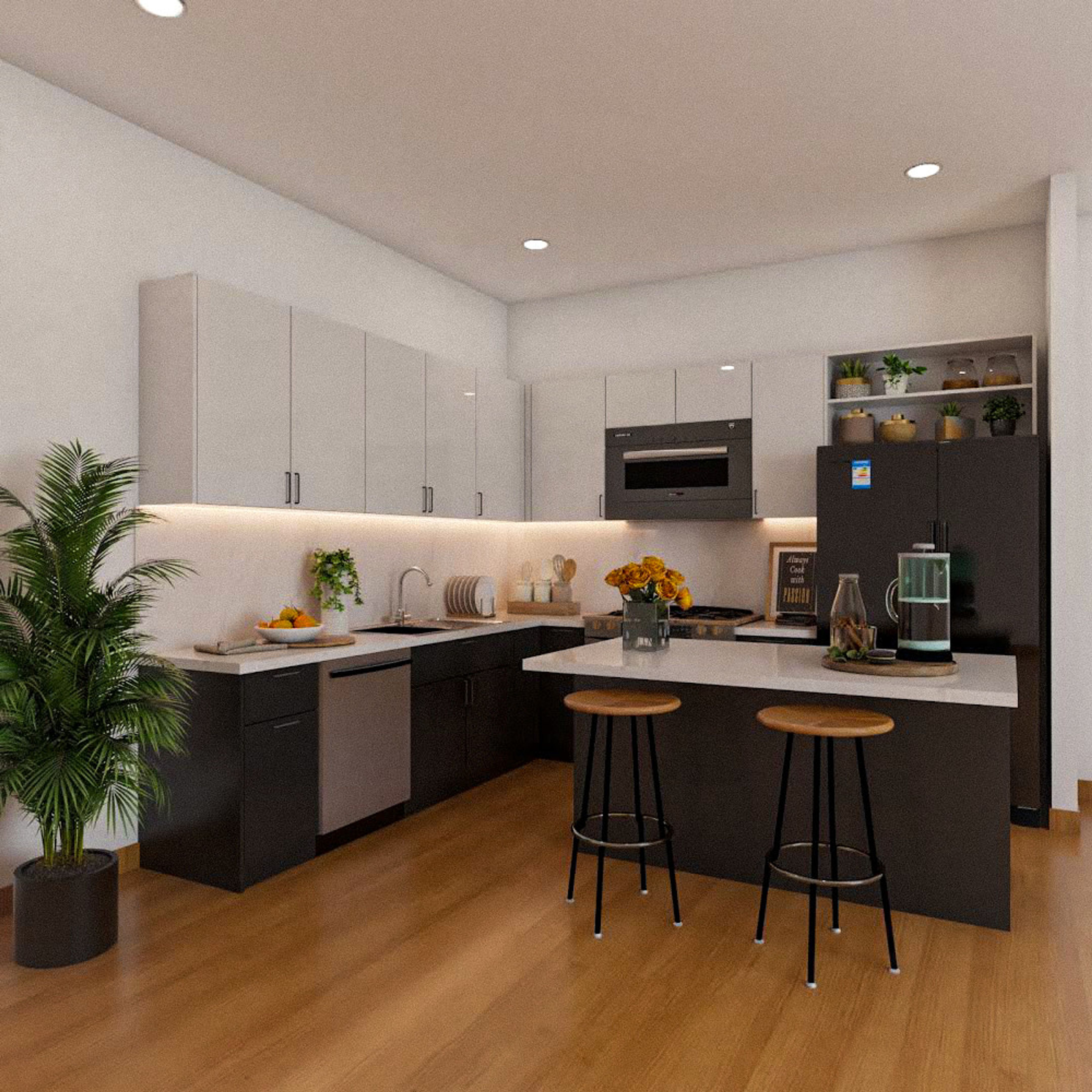 Light And Dark Grey Island Kitchen Design With Quartz Countertop | Livspace