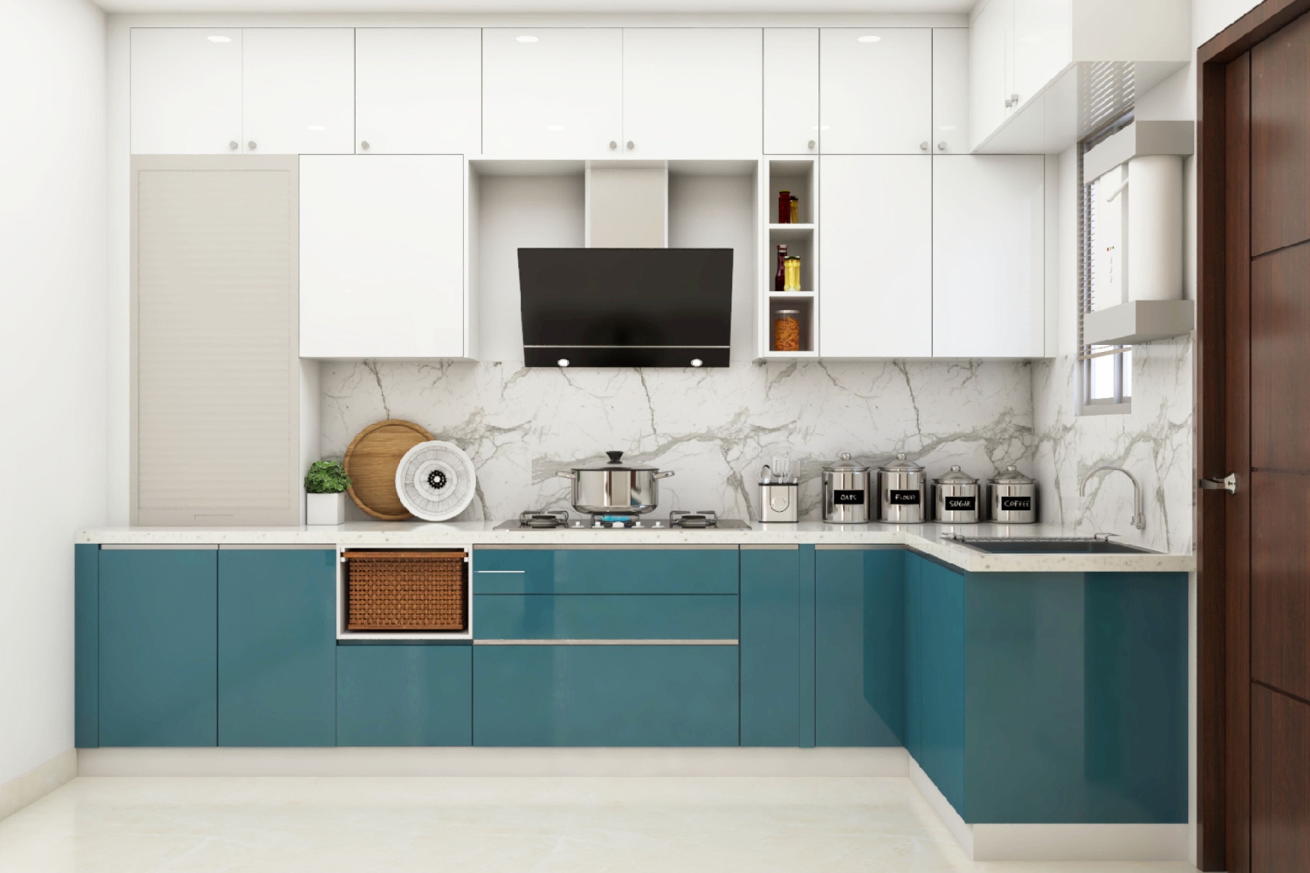 Teal Blue And White LShape Kitchen Design With White Marble Back Splash For Kitchen