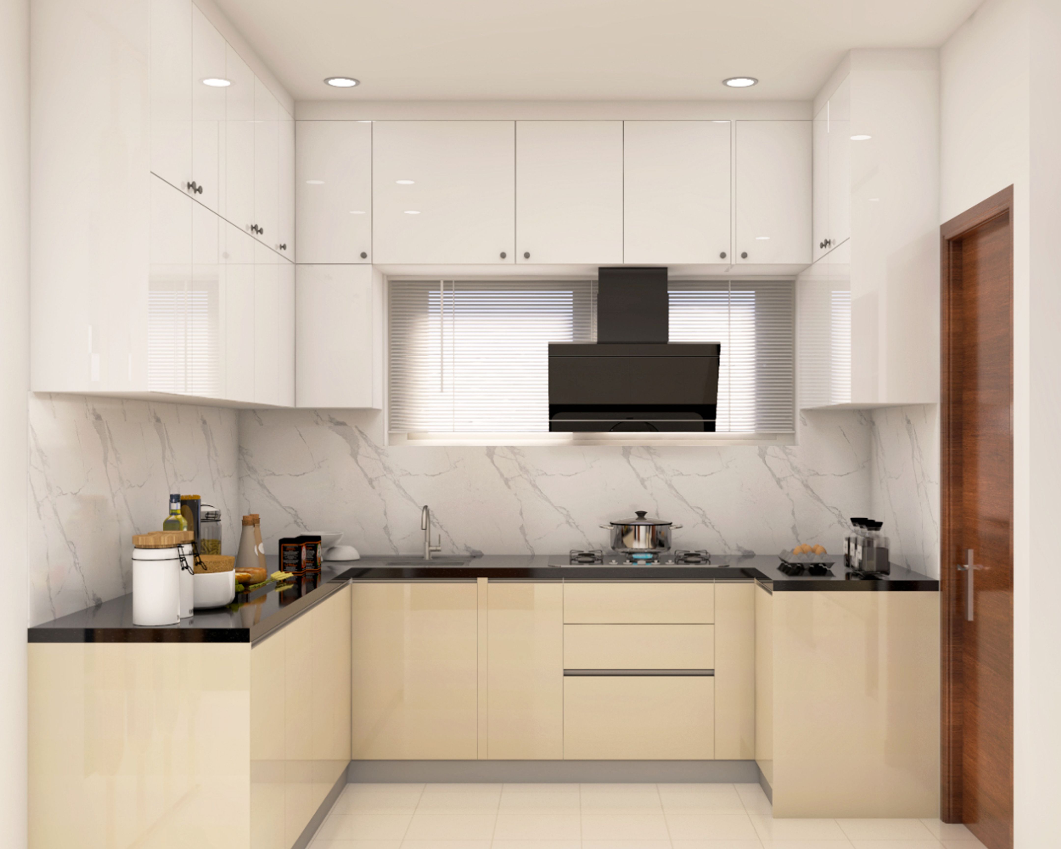 Beige And White Modular U-Shaped Kitchen Design With White Marble ...