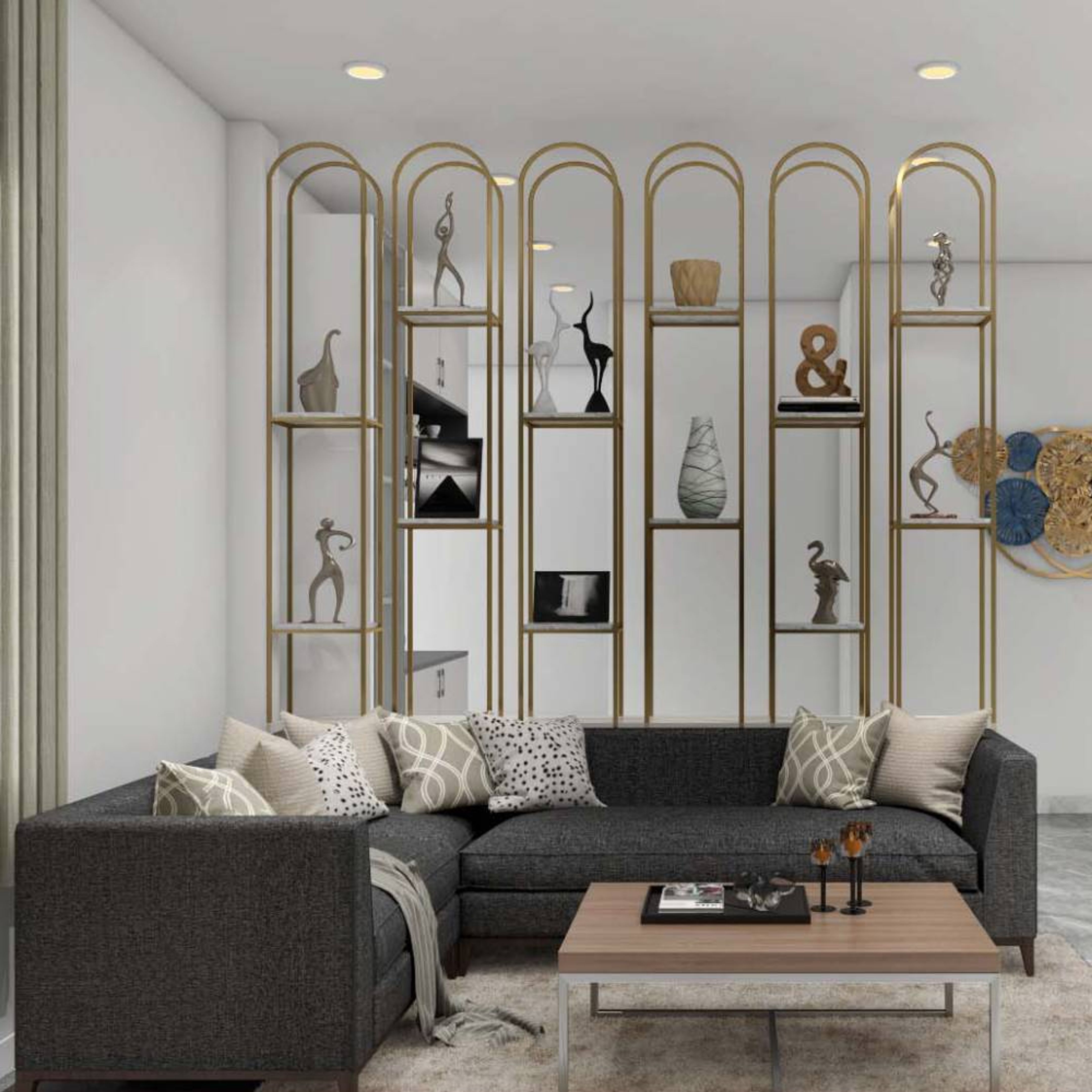 Spacious Living Room Design With Dark Grey L-Shaped Sofa And Brass ...