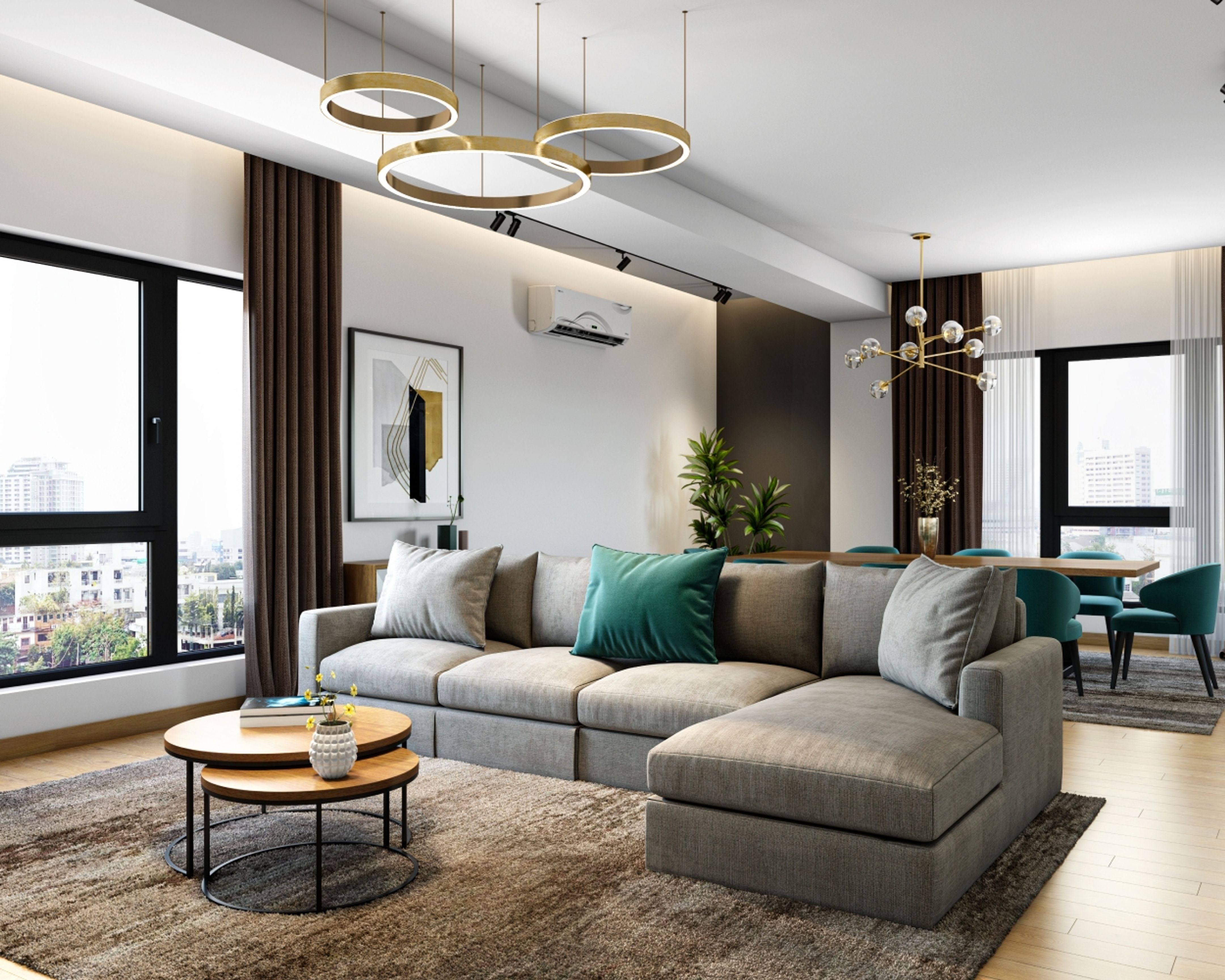 Spacious Living Room Design With Grey L Shaped Sectional Sofa Livspace