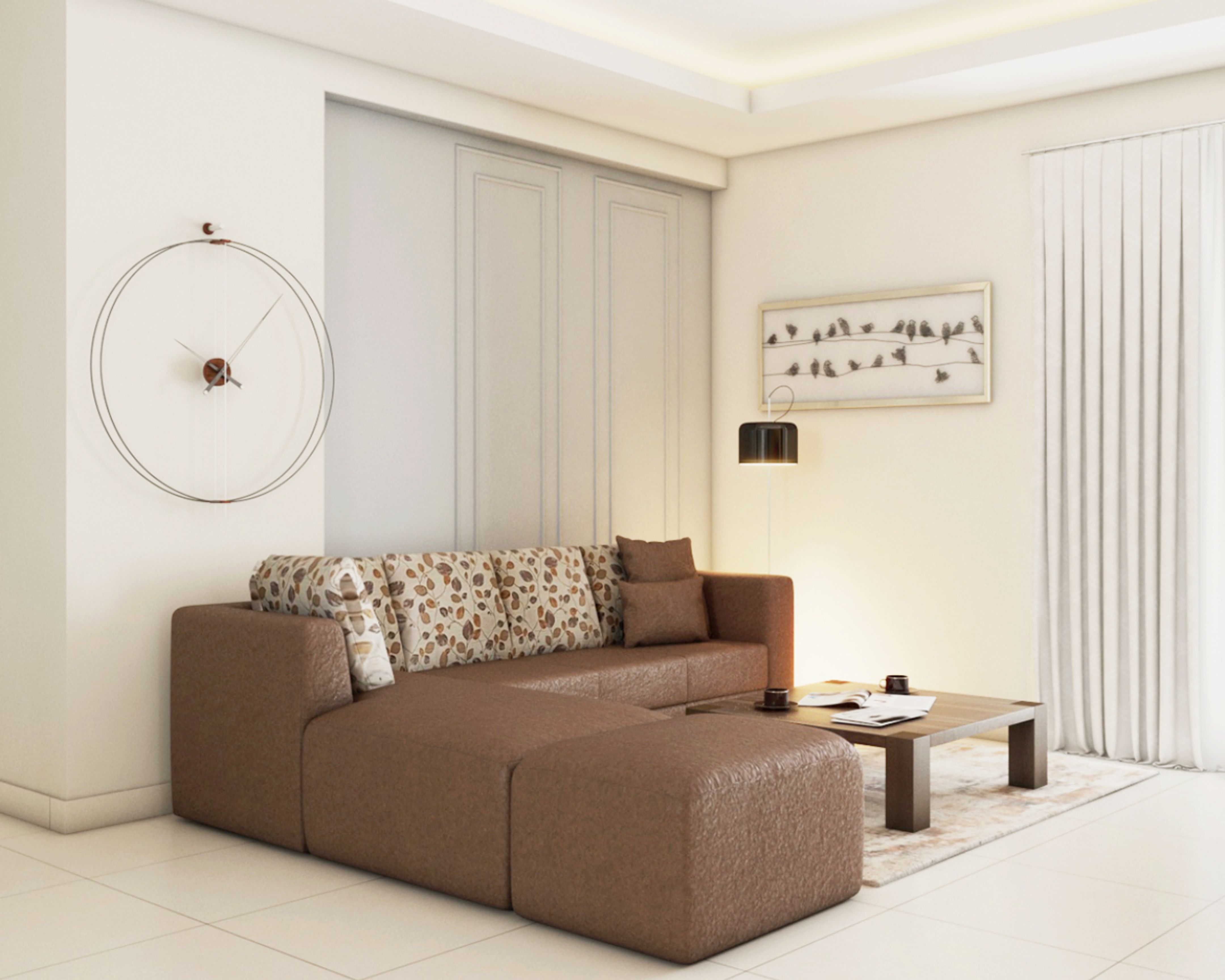 Compact Living Room Design With Brown L-Shaped Sectional Sofa And Leaf ...