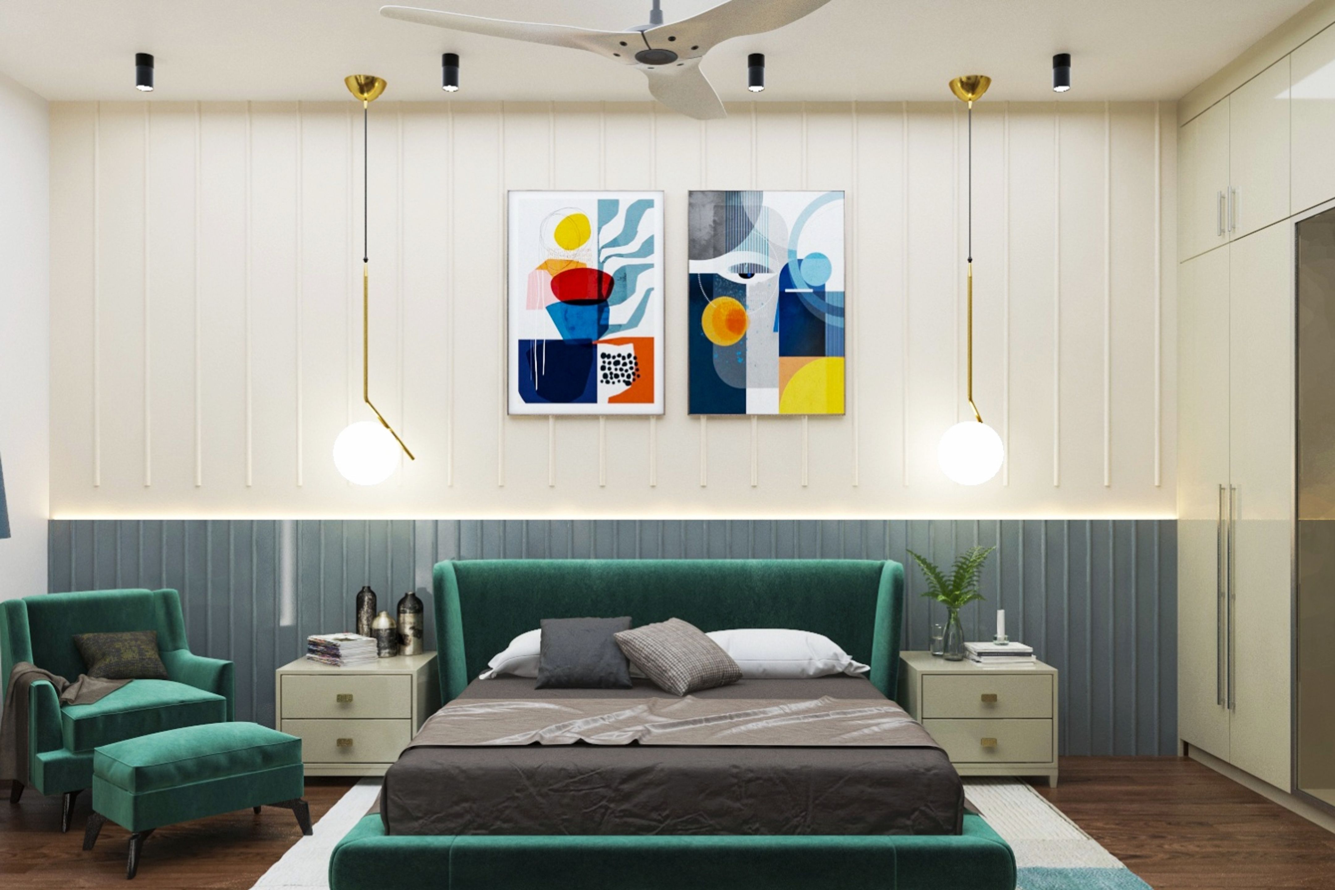 Spacious Master Bedroom Design With Dual-Toned Wall And Emerald Green ...