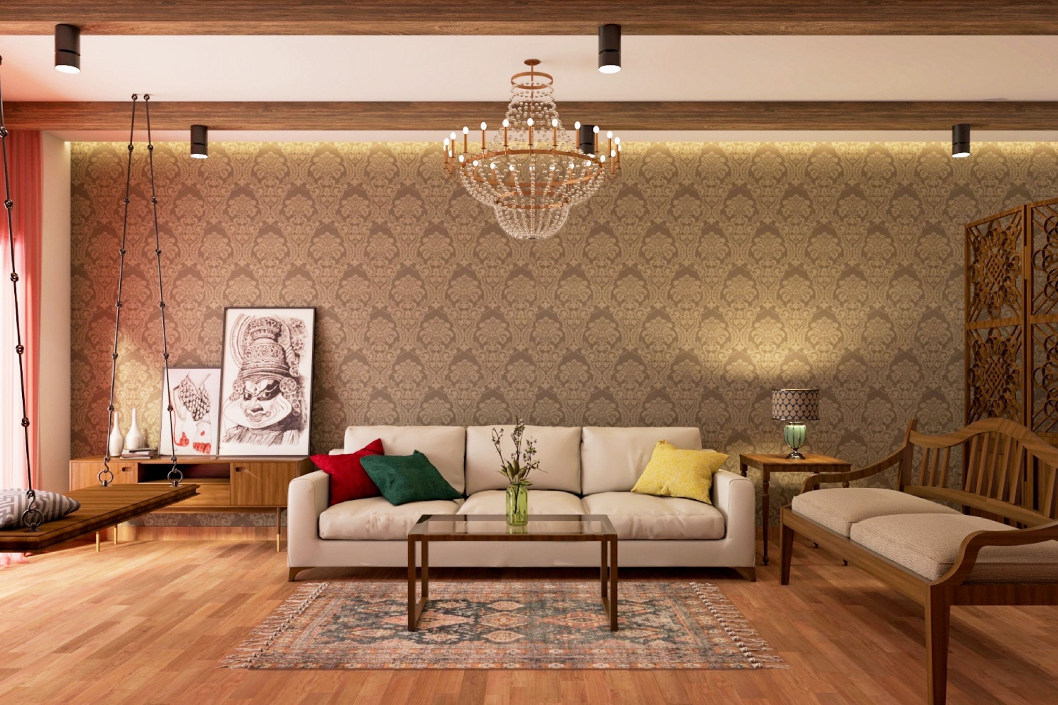 Damask Wallpaper Design For Living Rooms With Indian Traditional ...