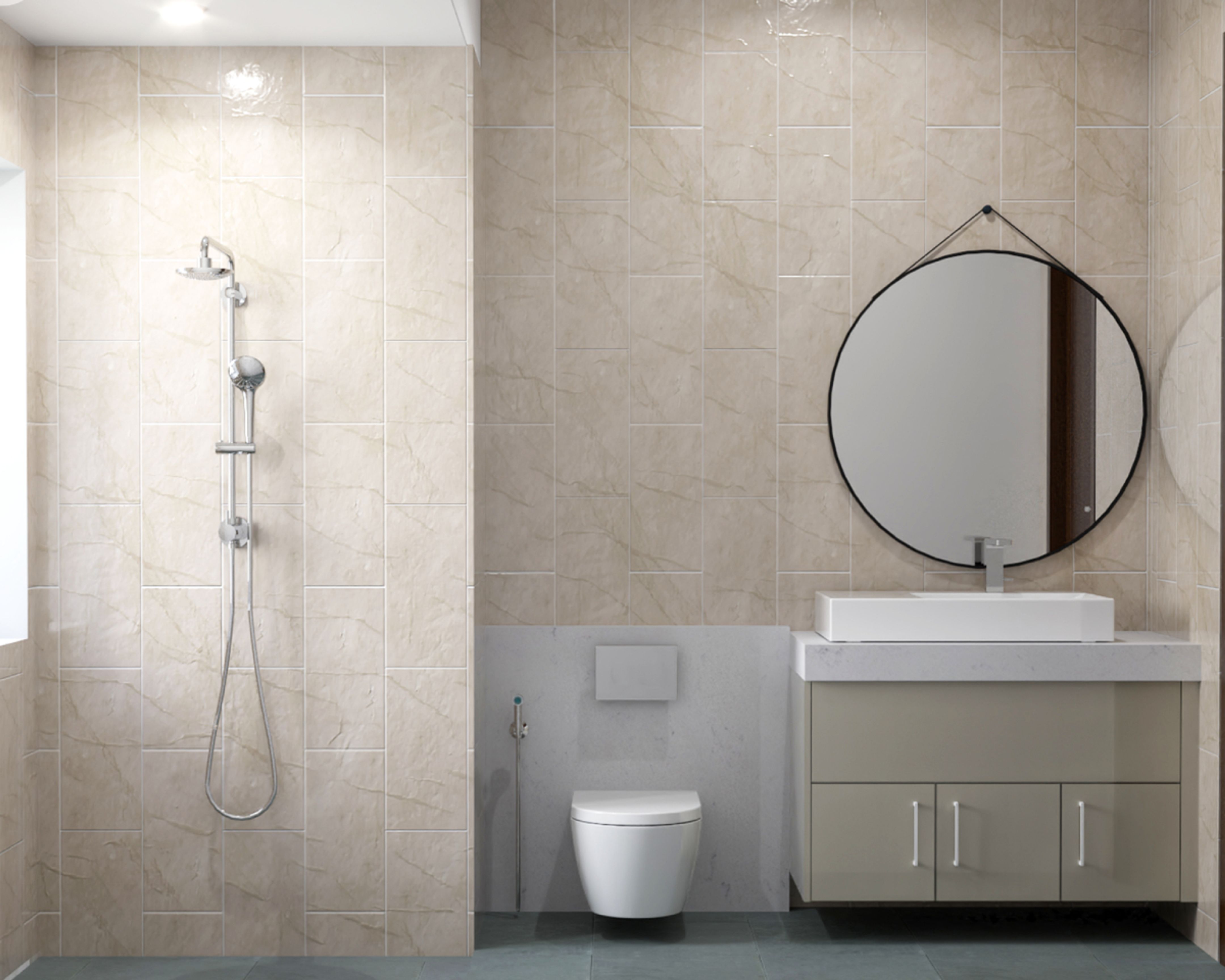 Modern Beige Bathroom Design | Livspace