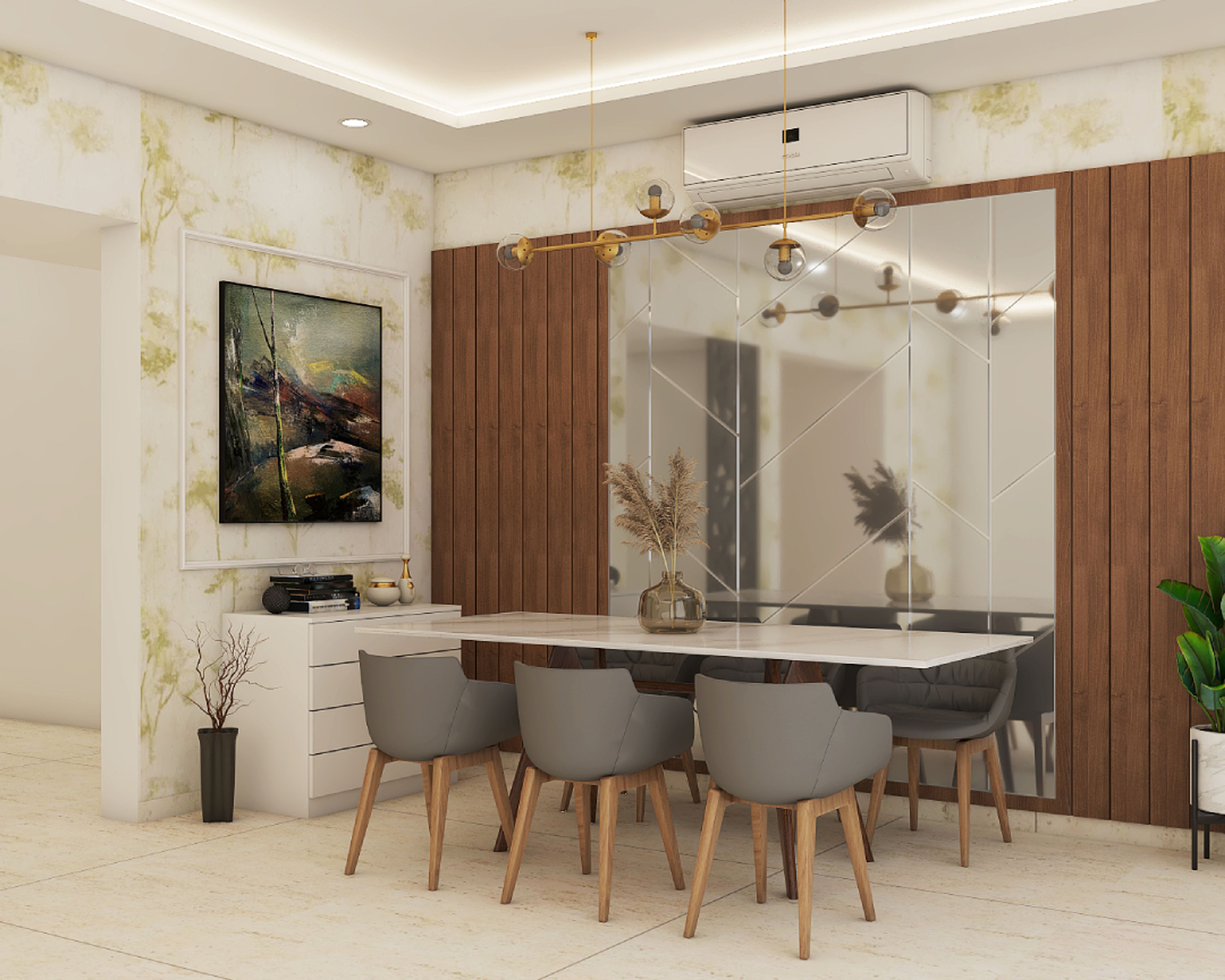 Spacious Dining Hall Design With Grey Upholstered Chairs | Livspace