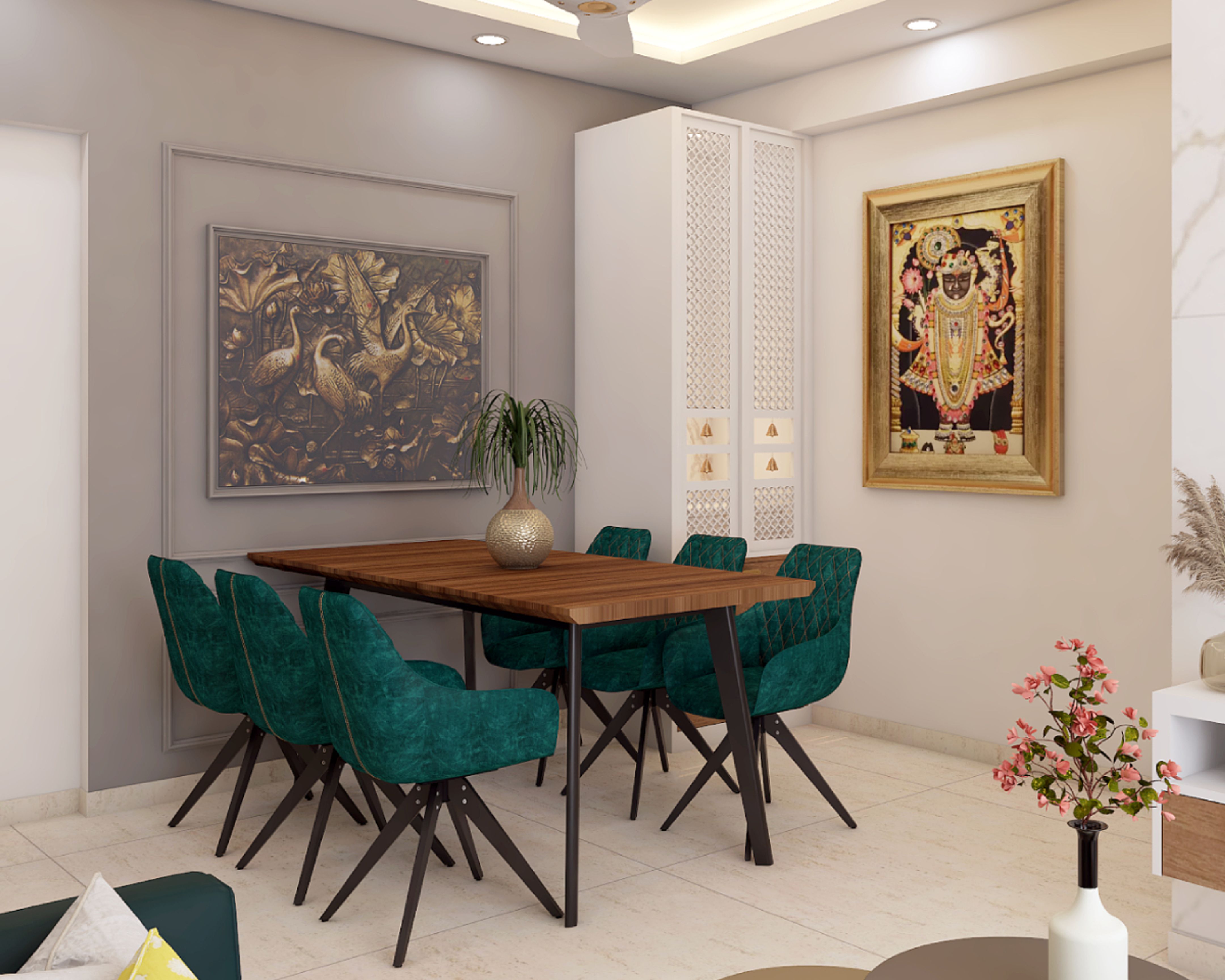Spacious 6-Seater Dining Hall Design With Grey Wall Trims | Livspace