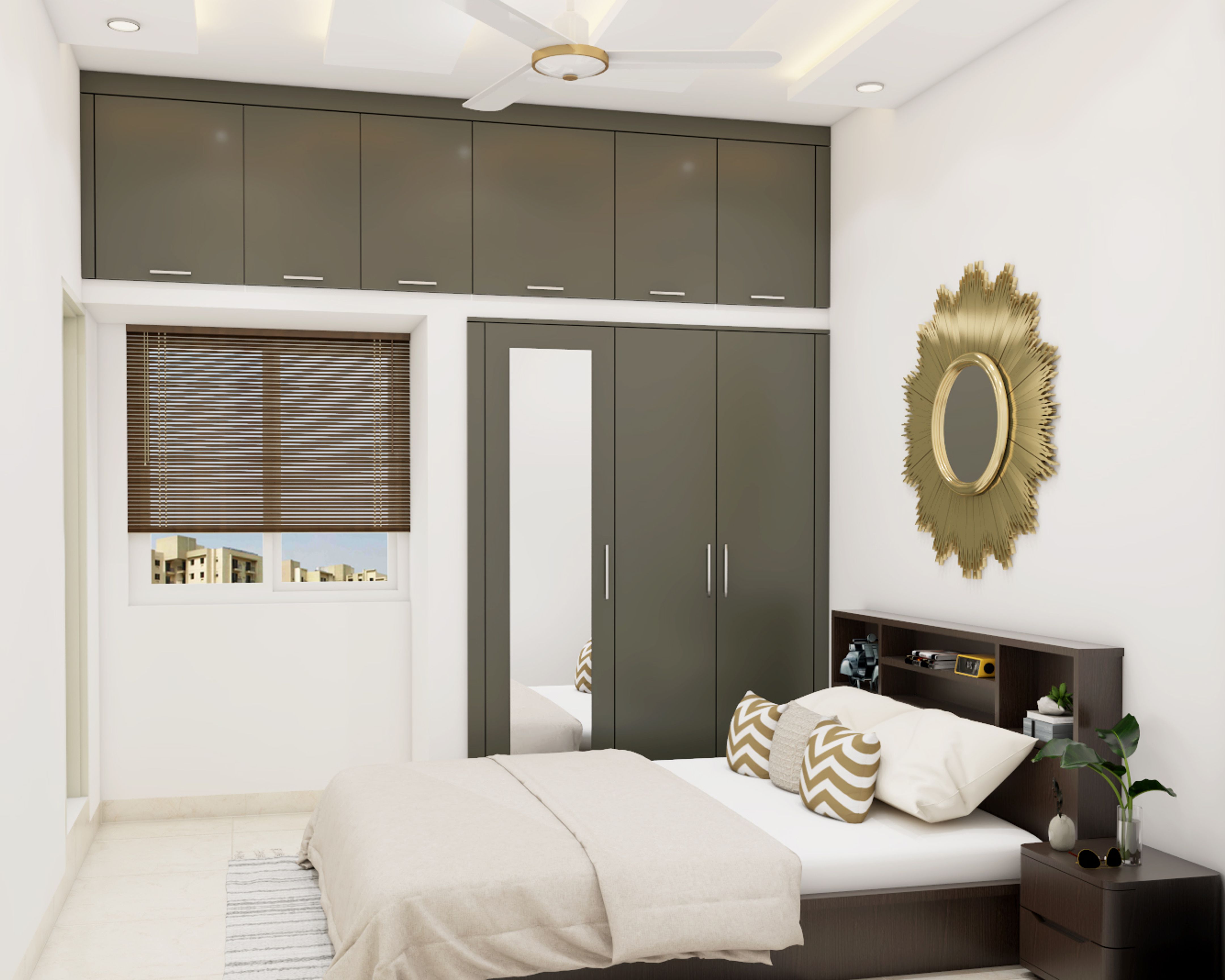 Modern Guest Bedroom Design With A Brown Laminated Wardrobe | Livspace