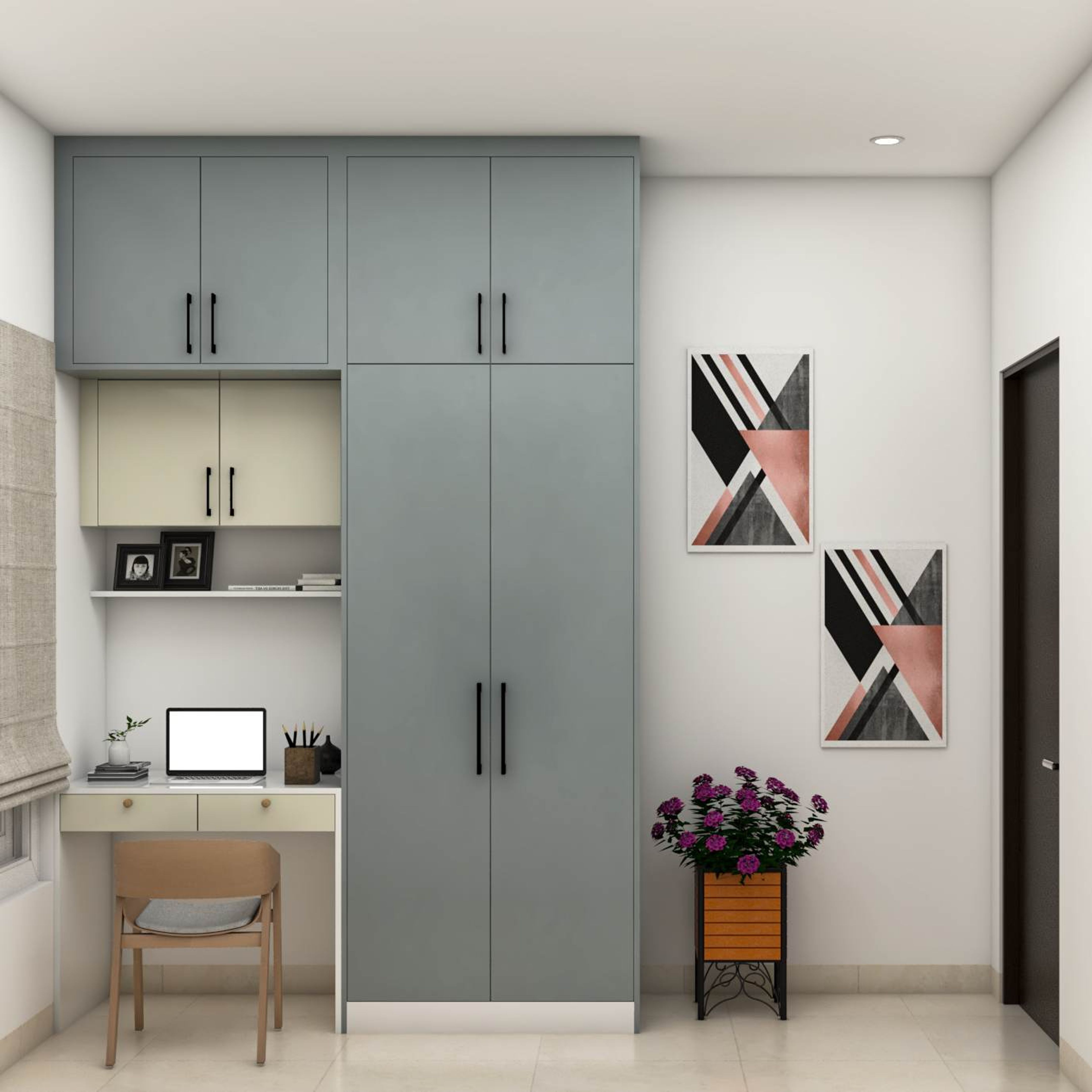 Compact study room design with grey wardrobe design livspace