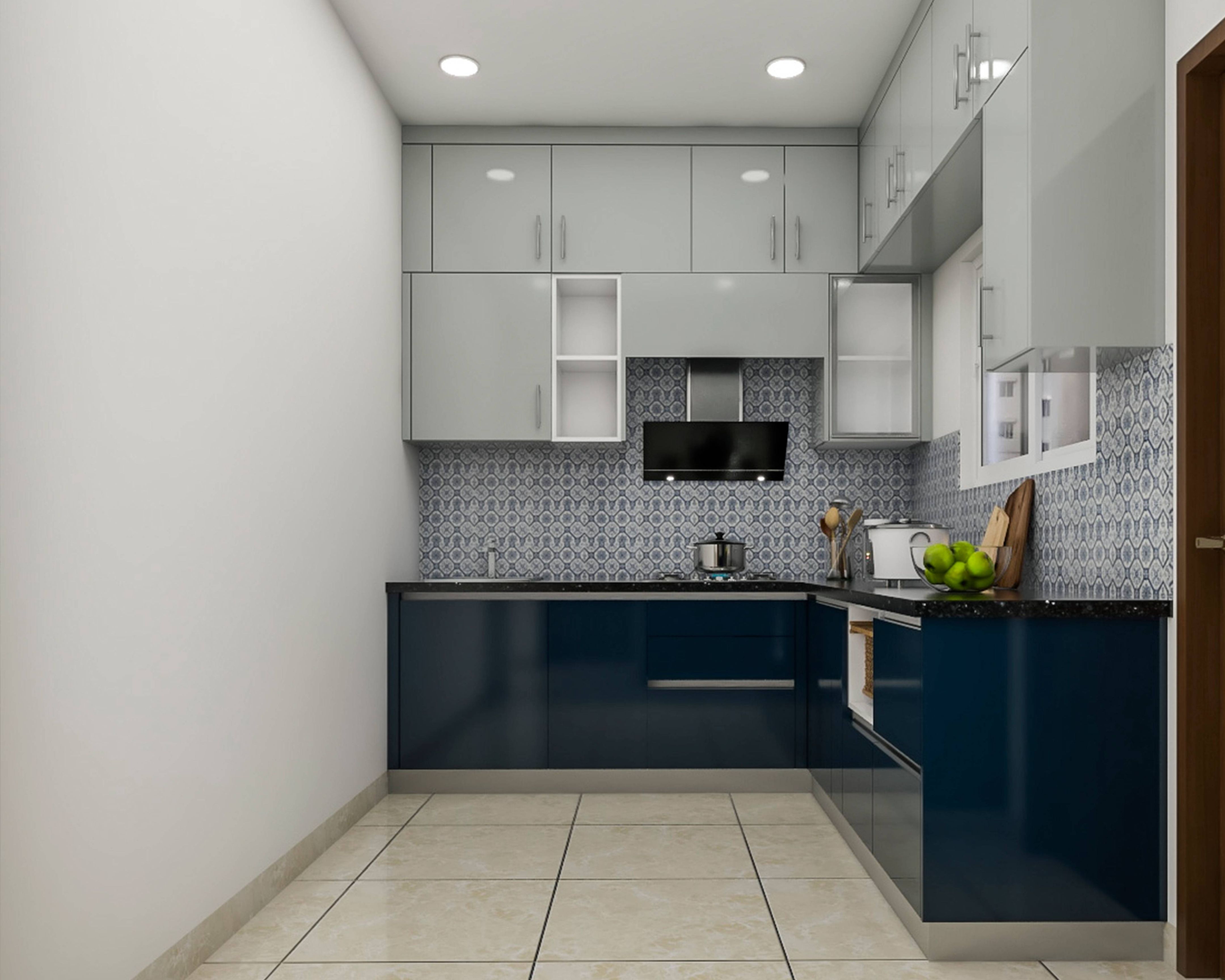 Compact Kitchen Design With Grey Patterned Dado Tiles | Livspace