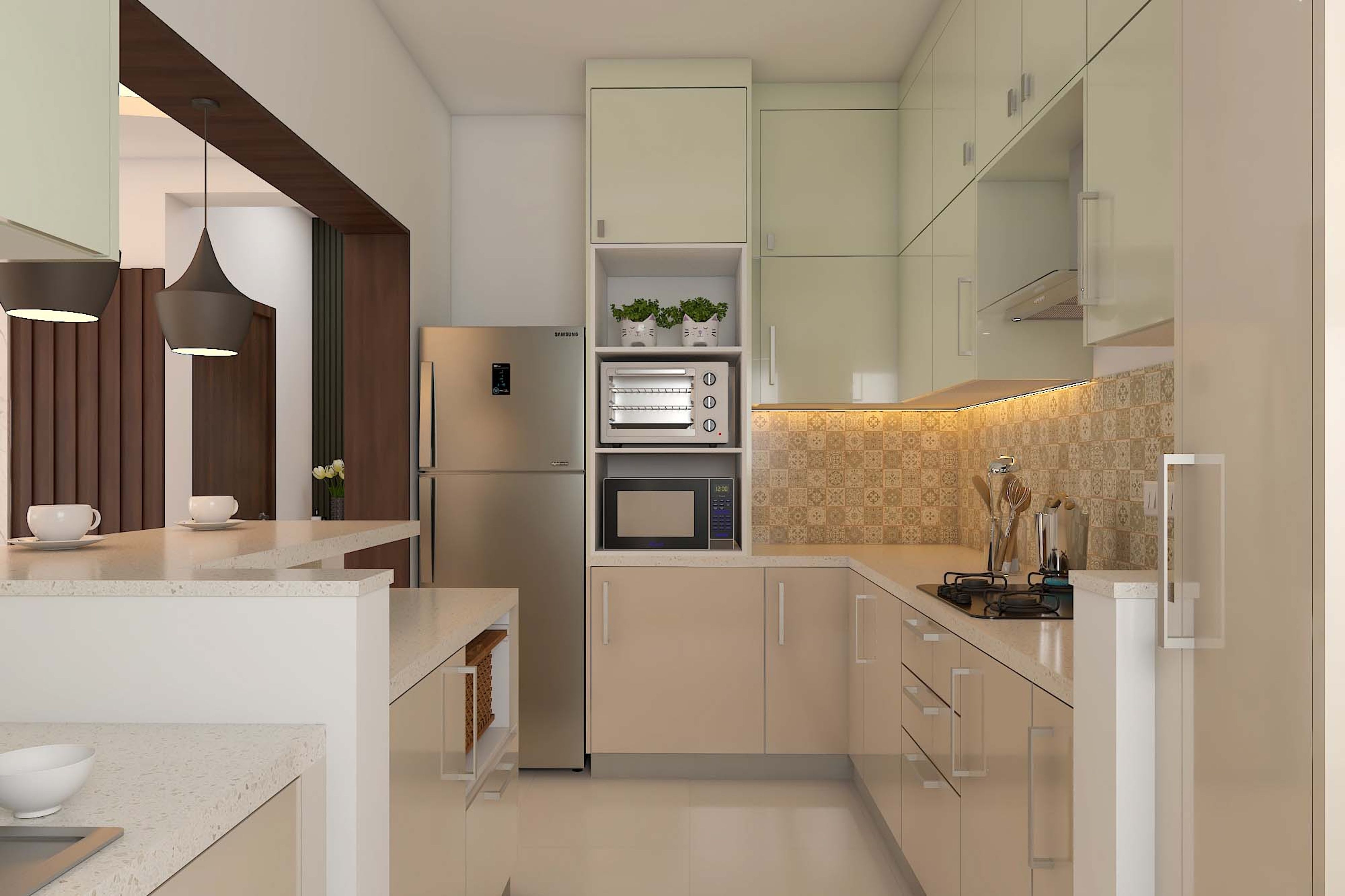 Spacious Indian Kitchen Design In Beige And White | Livspace