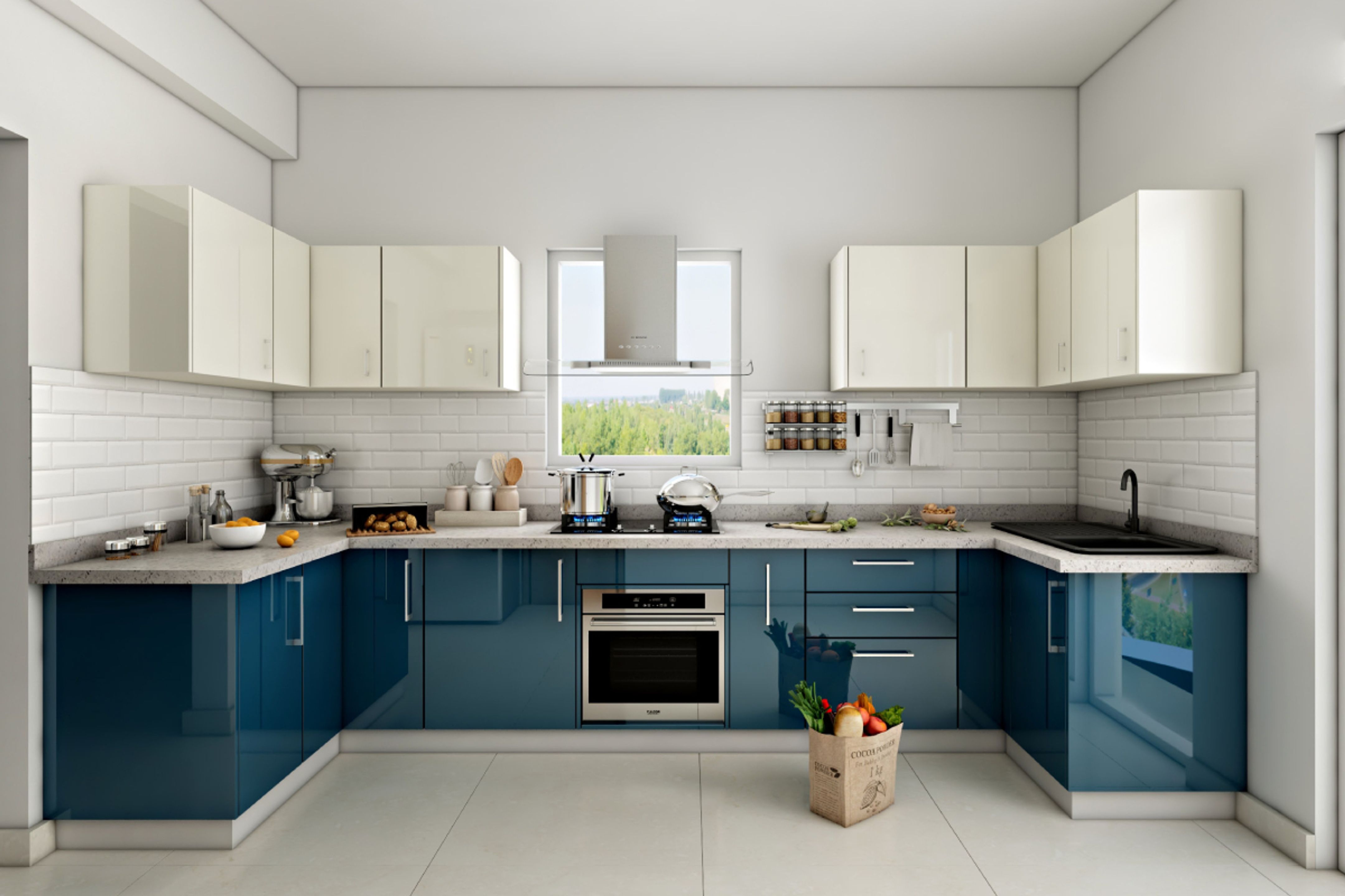 Compact Kitchen Design With White Subway Dado Tiles | Livspace