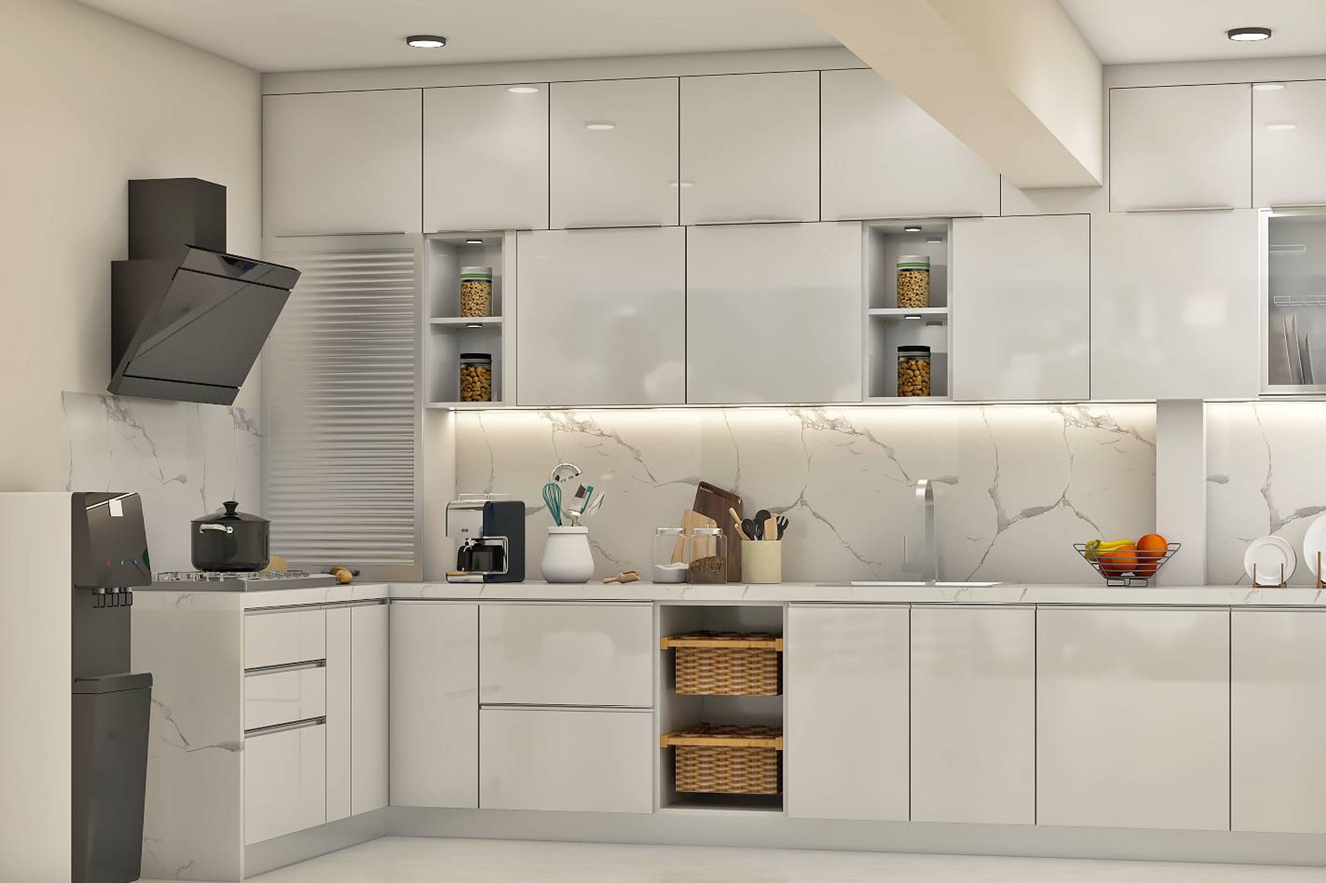 Compact All-White L-Shaped Modular Kitchen Design | Livspace