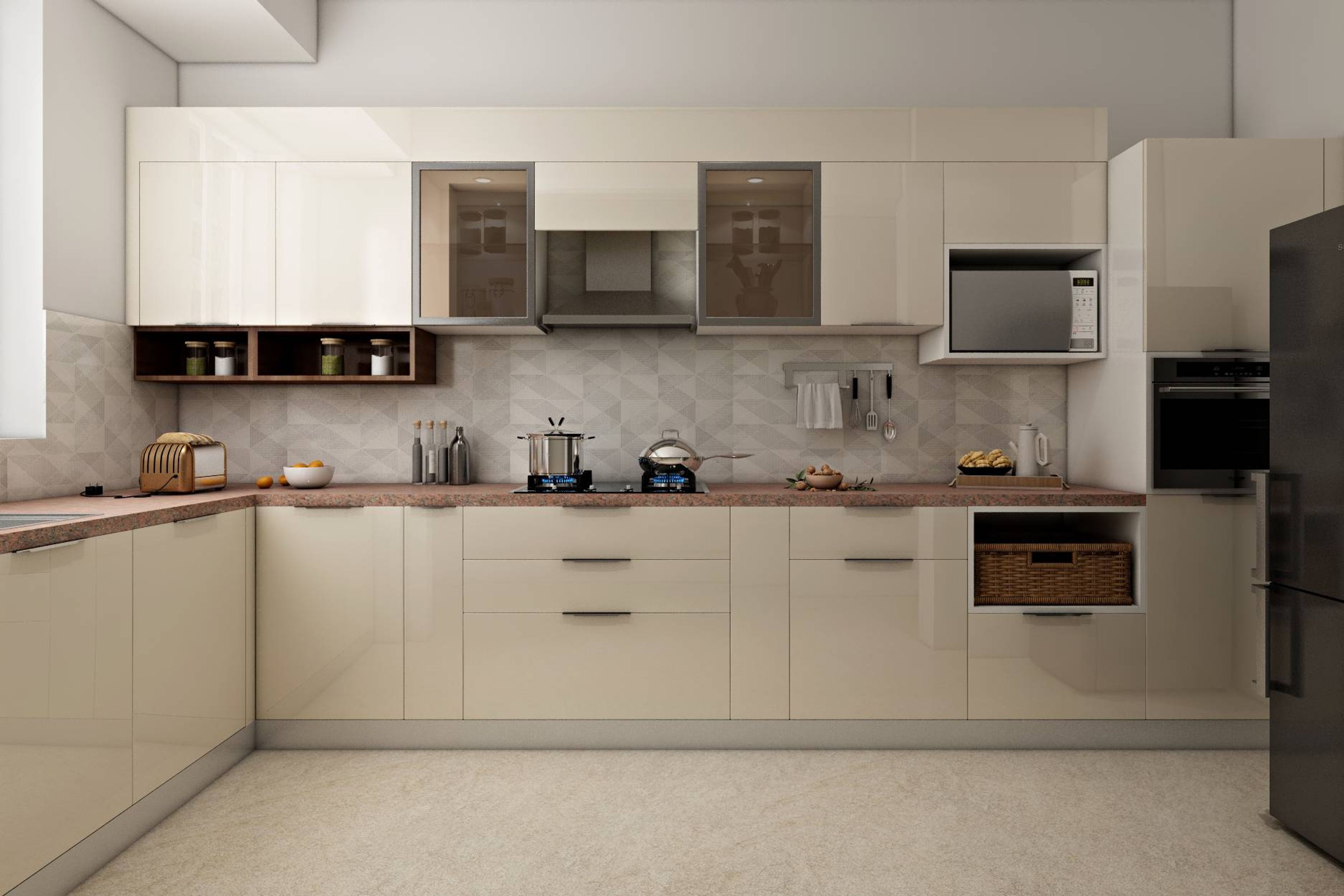 L-Shaped Kitchen Design With A Red Stone Countertop | Livspace