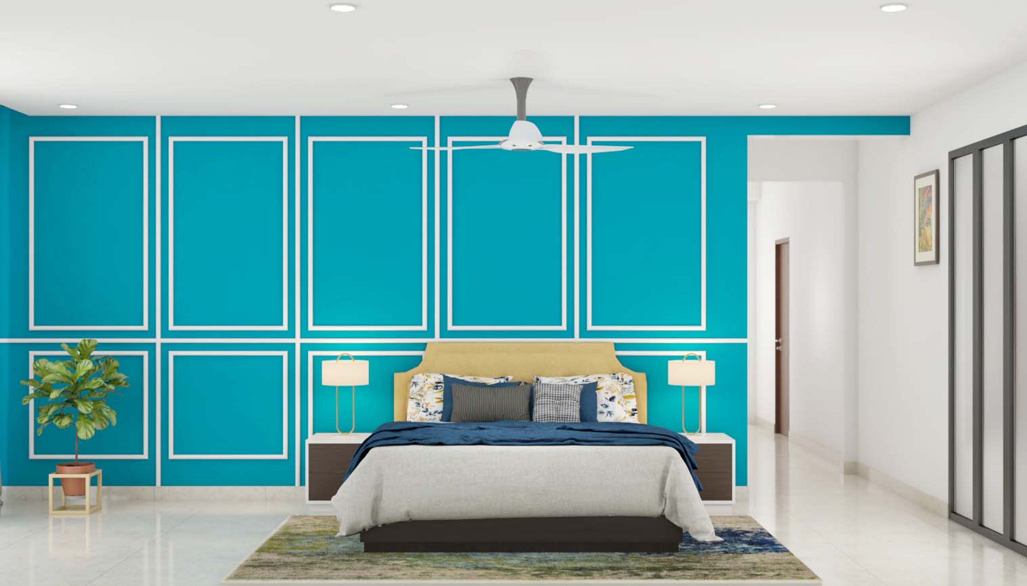 Spacious Master Bedroom Design With Blue Accent Wall | Livspace