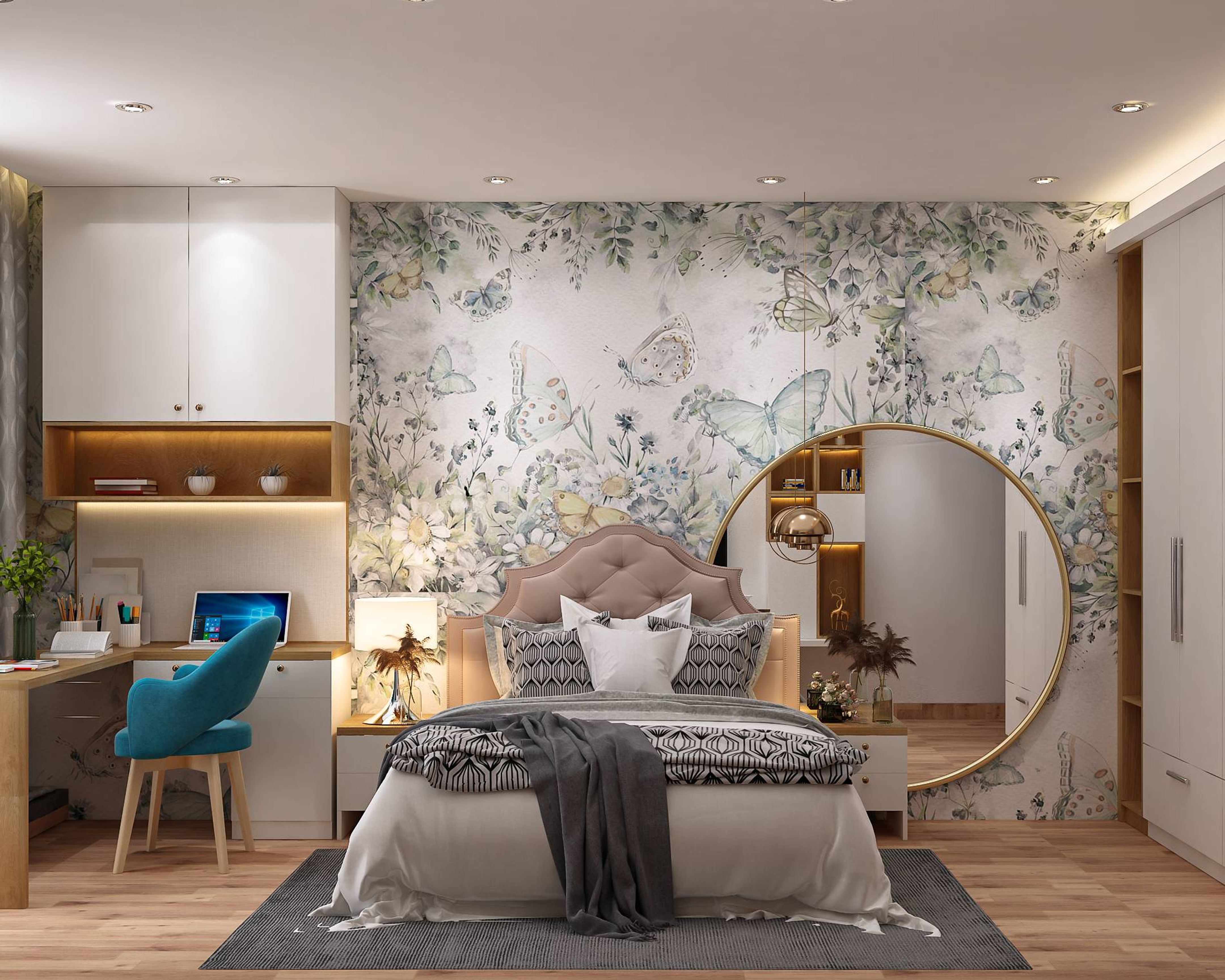 Spacious Master Bedroom Design With Vintage Floral Wallpaper And Wooden ...