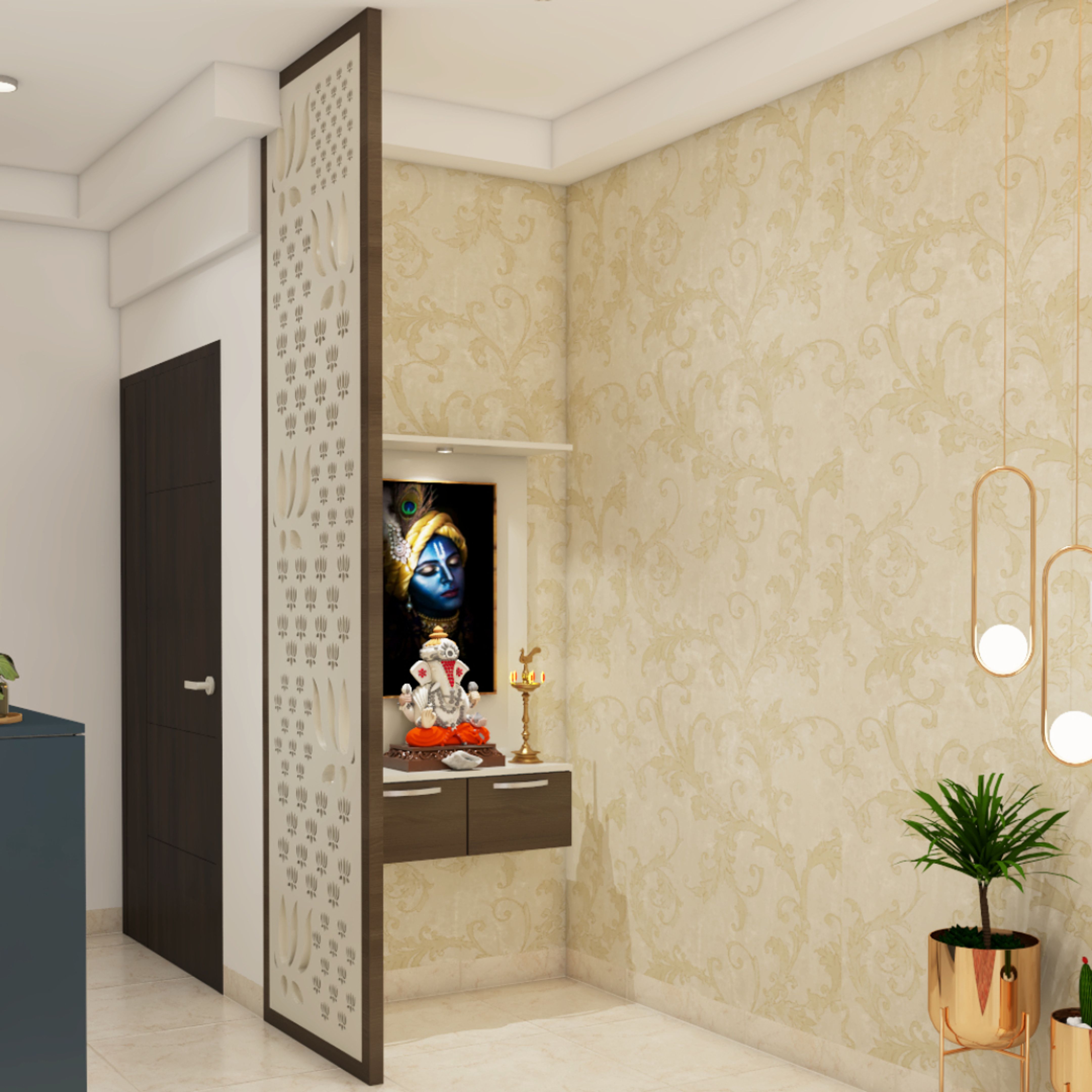 Compact Mandir Design With Wallpaper And Storage | Livspace