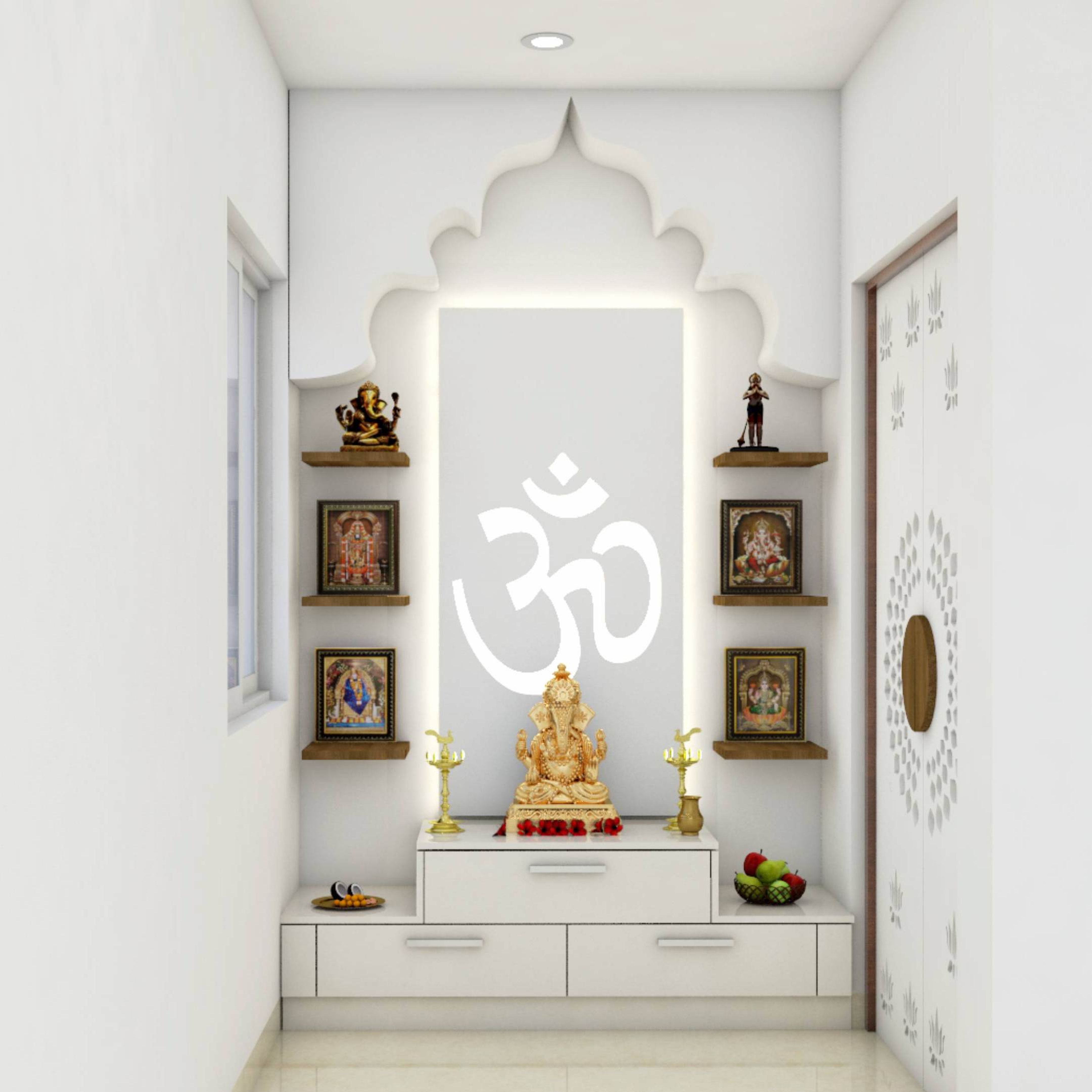 Spacious Pooja Unit Design In Frosty White | Livspace