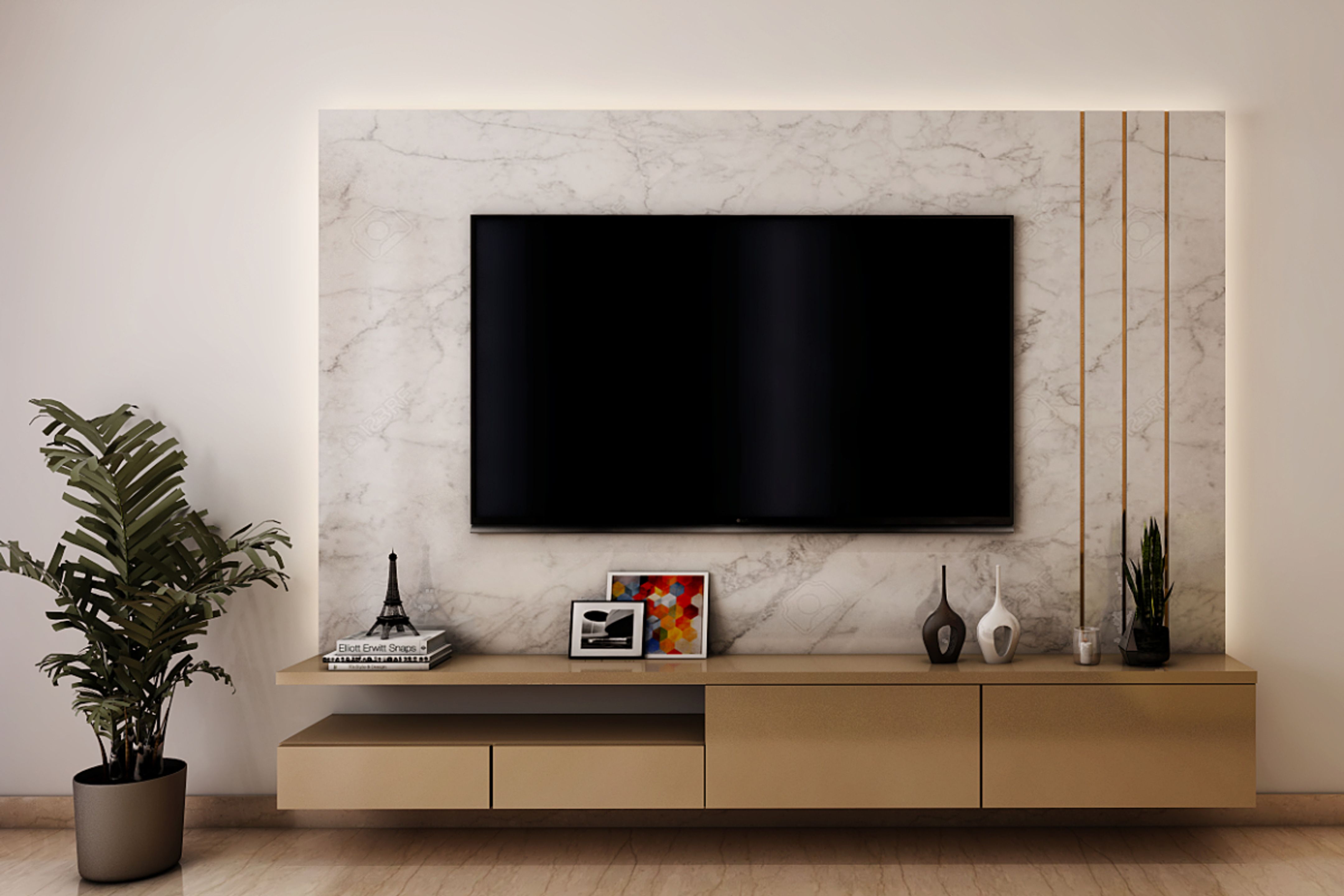 Compact TV Unit Design With Marble Dado And Gold Inlays Livspace