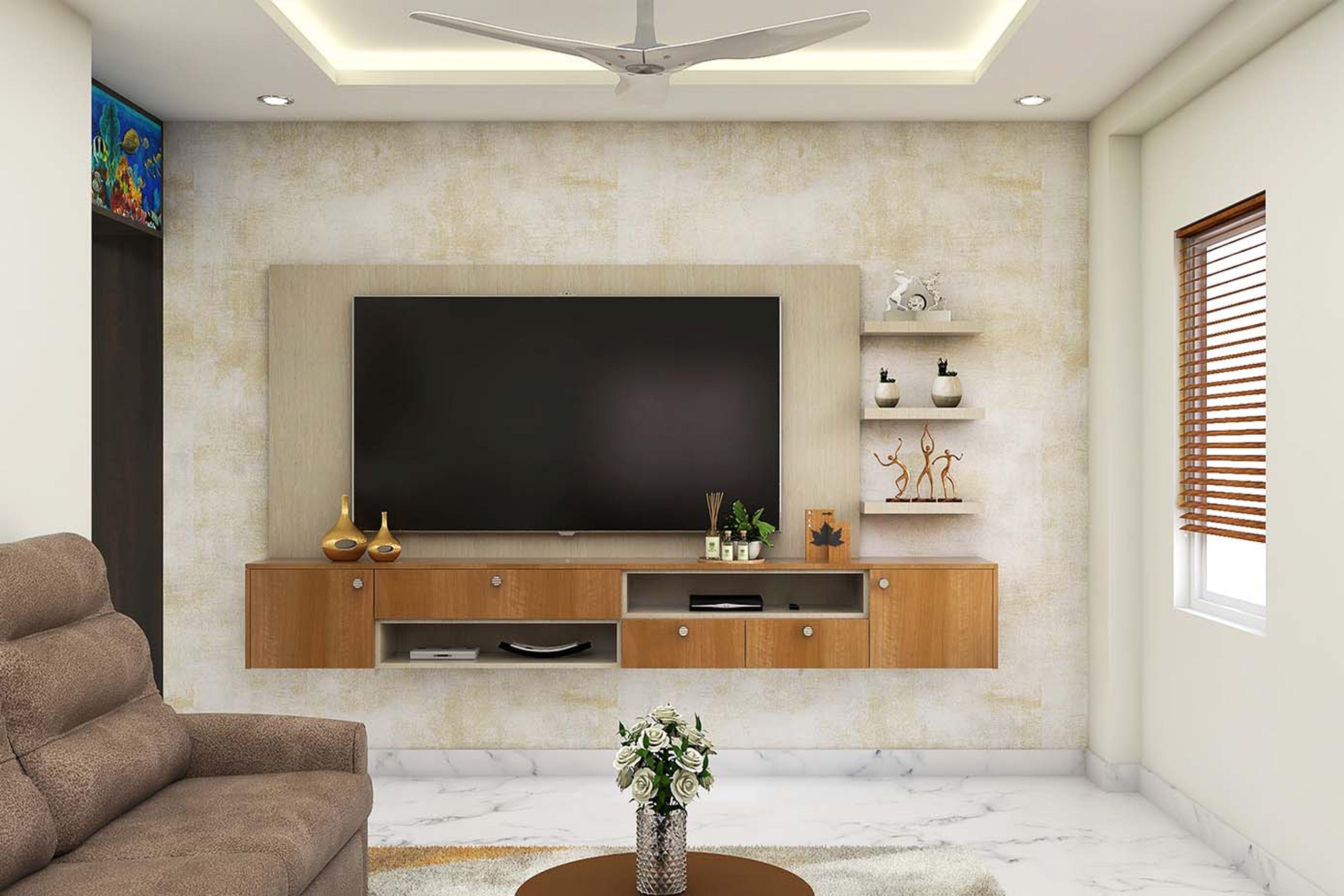 Beige TV Cabinet With Floating Shelves | Livspace