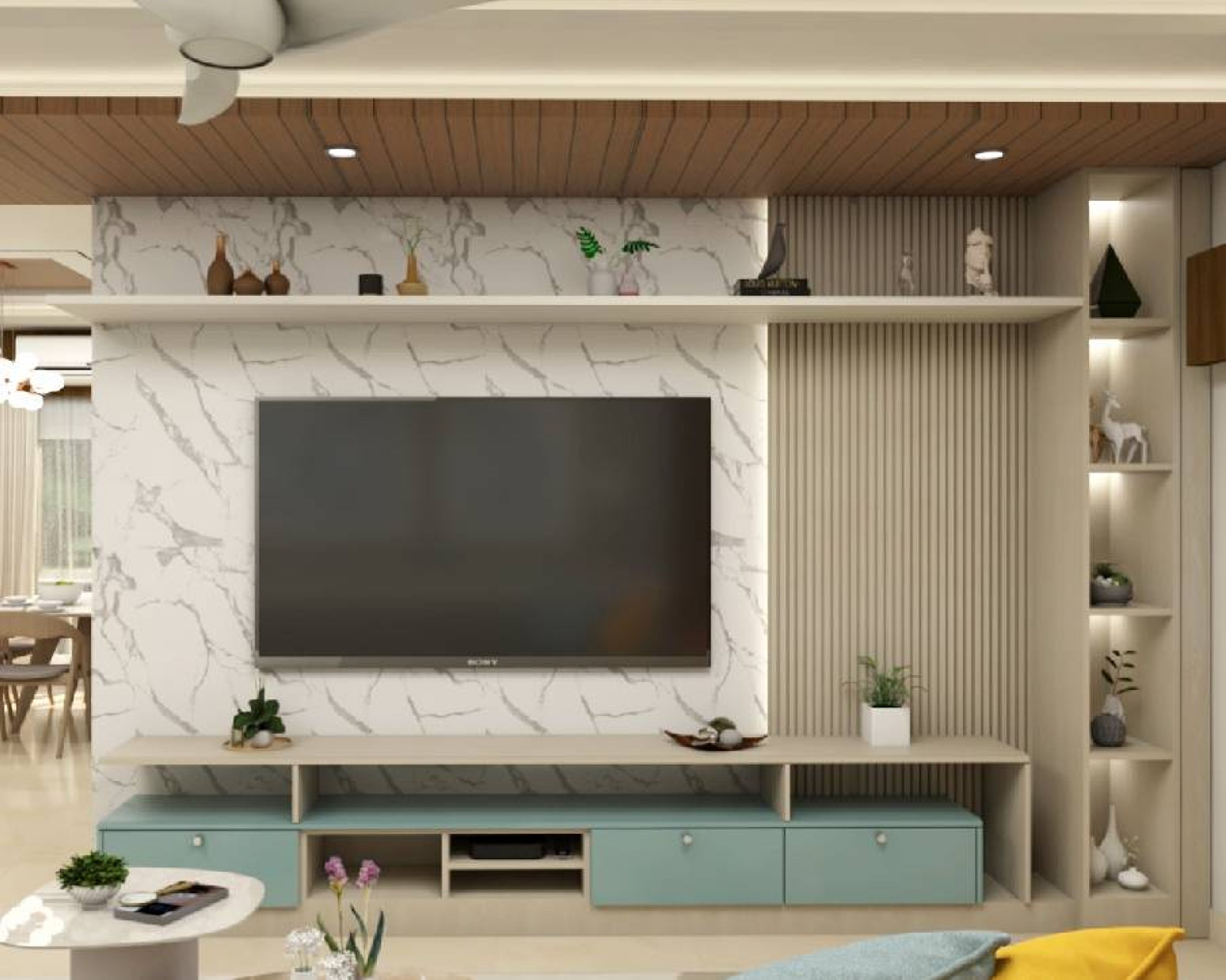 Compact TV Cabinet Design With White Marble Backdrop | Livspace