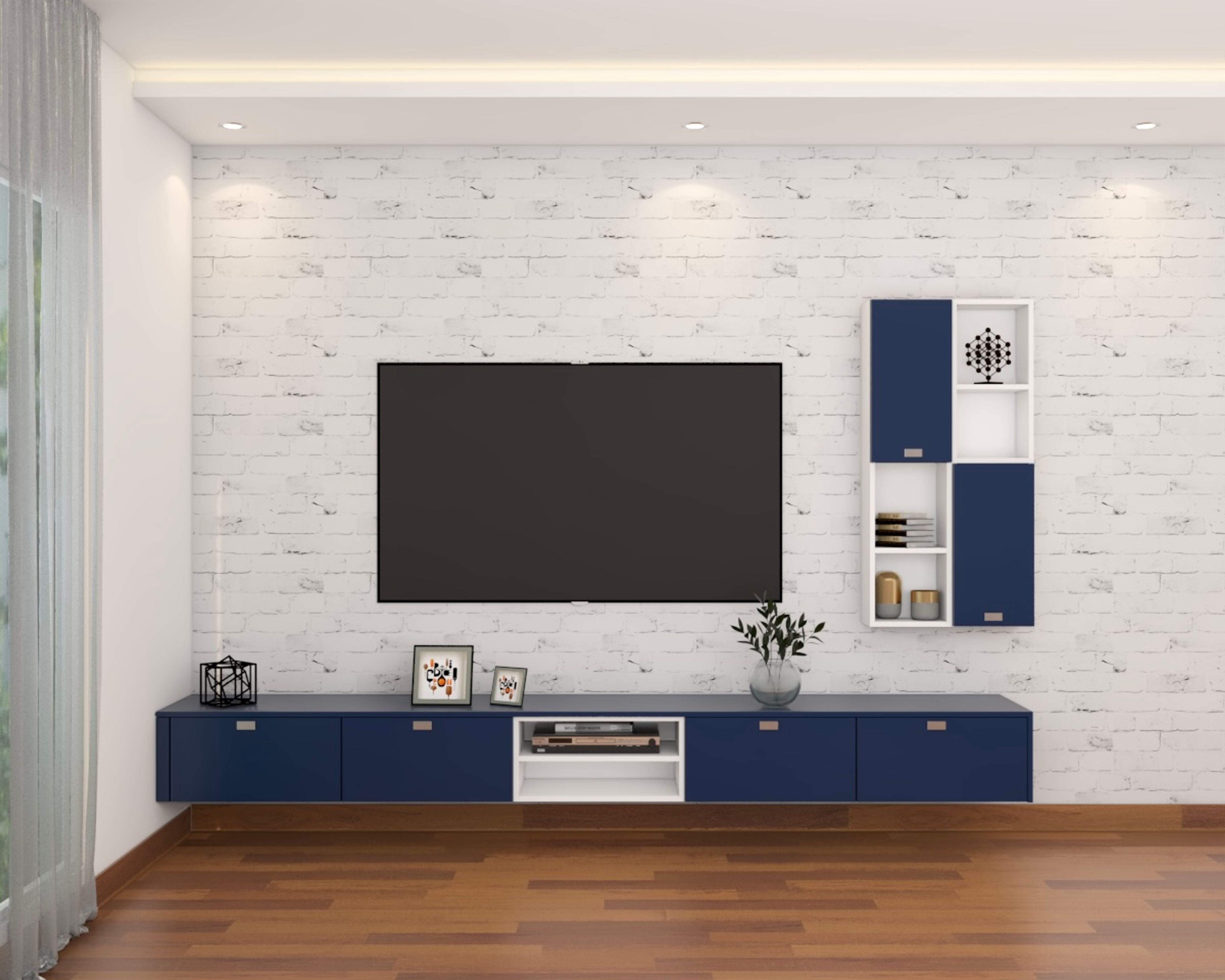 White And Blue Modern TV Unit Design | Livspace