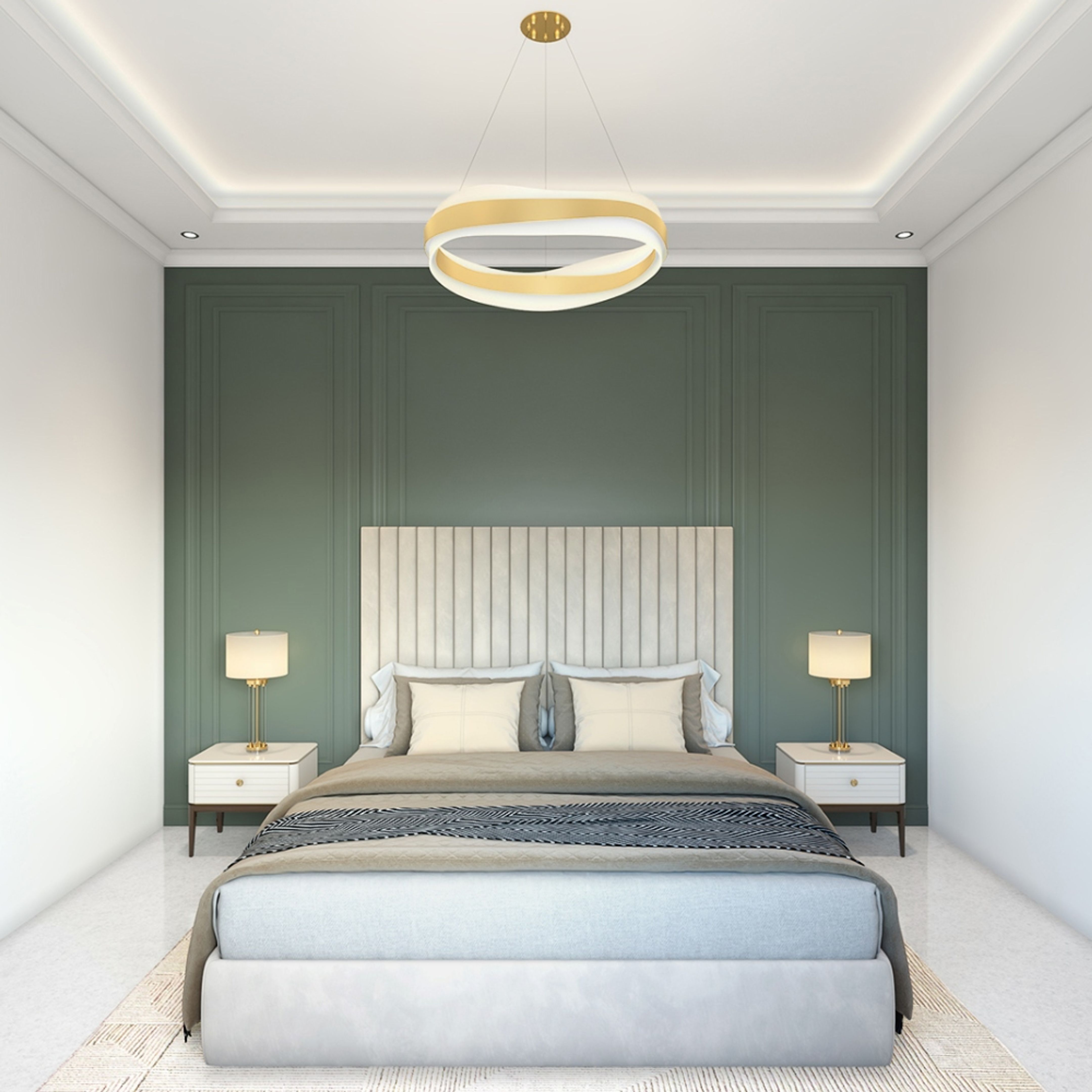 Master Bedroom Design With Green Accent Wall And Trims - 11x11 Ft