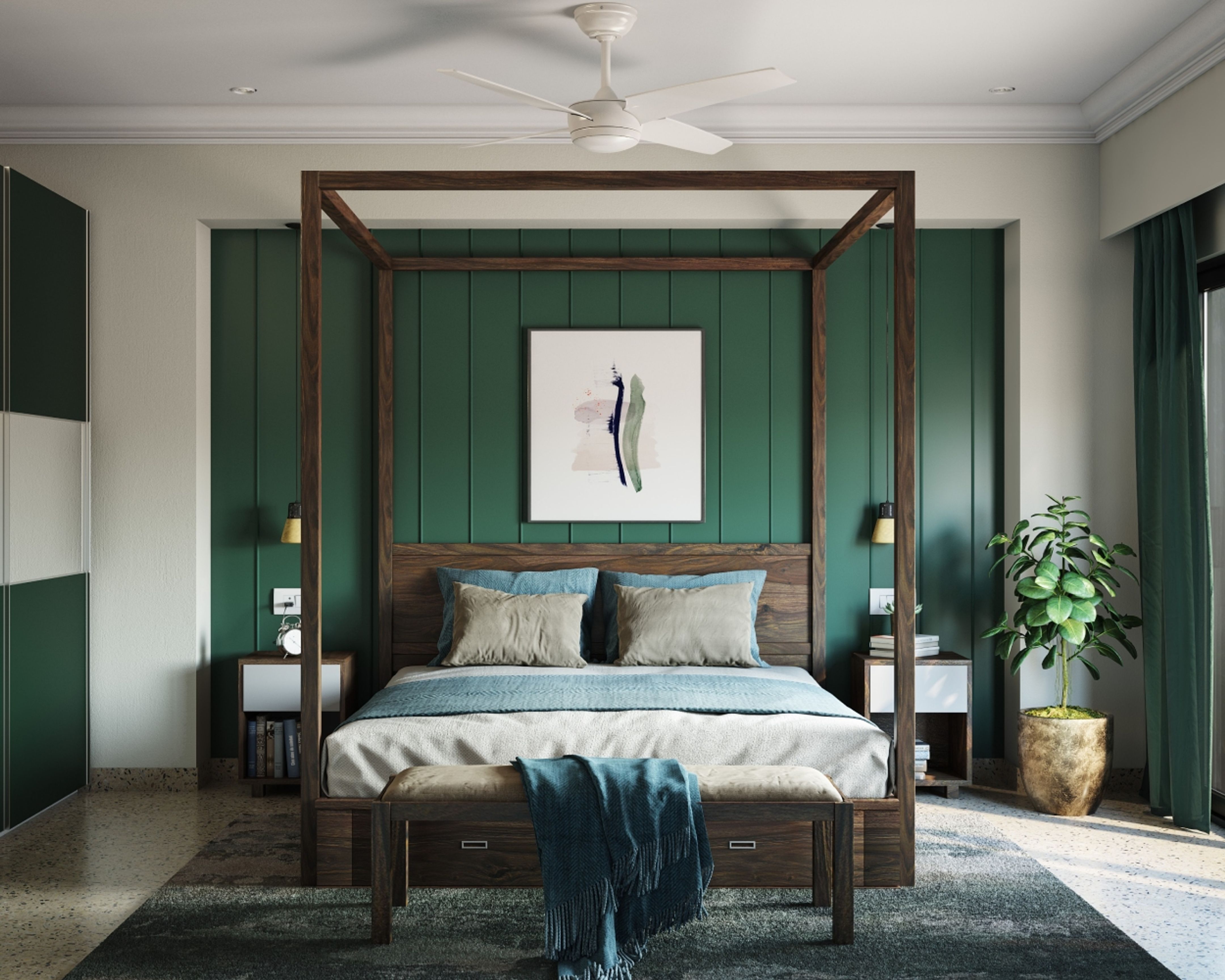 Dark Green Wall Design With Wallpanel And Wall Trims | Livspace